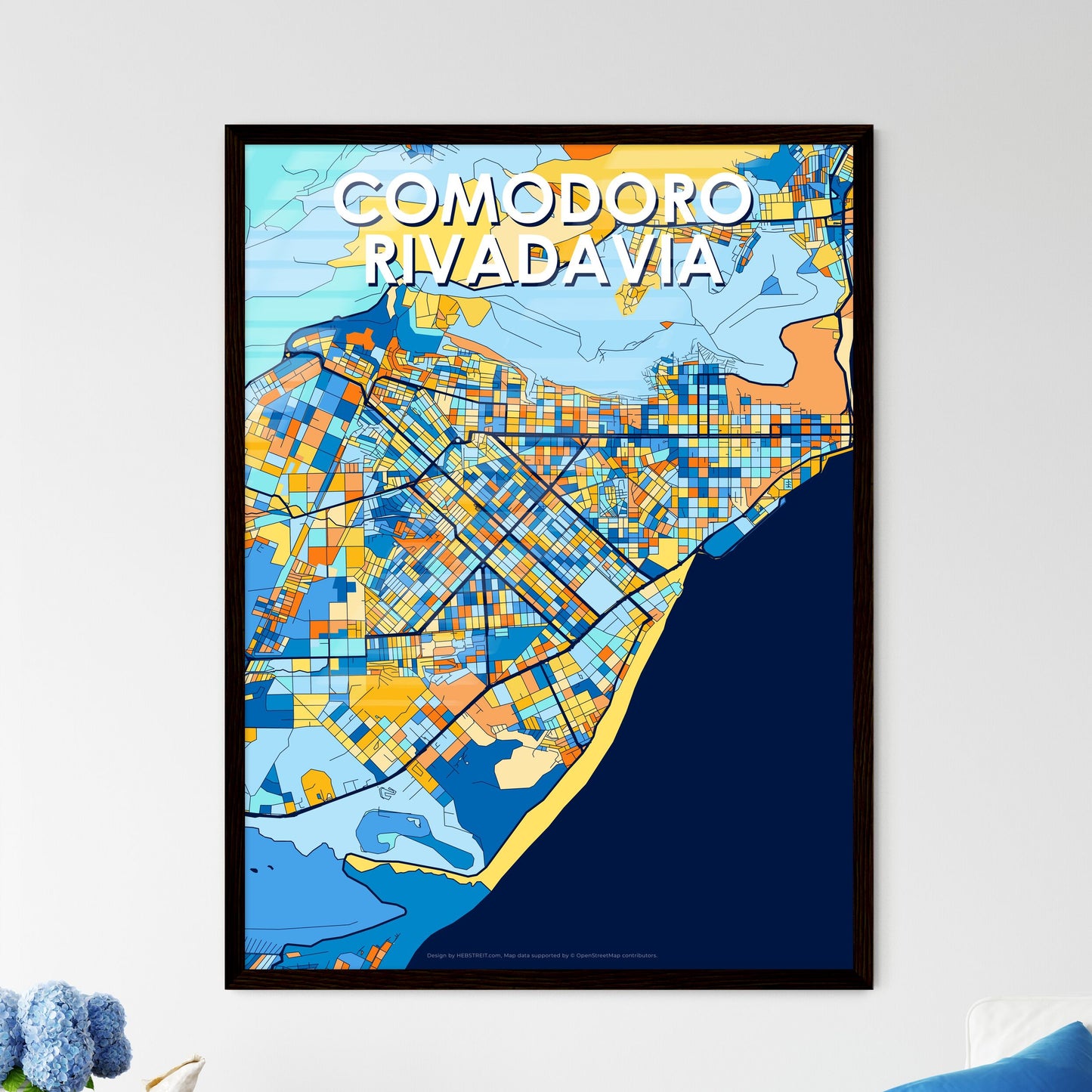 COMODORO RIVADAVIA ARGENTINA Vibrant Colorful Art Map Poster Blue Orange