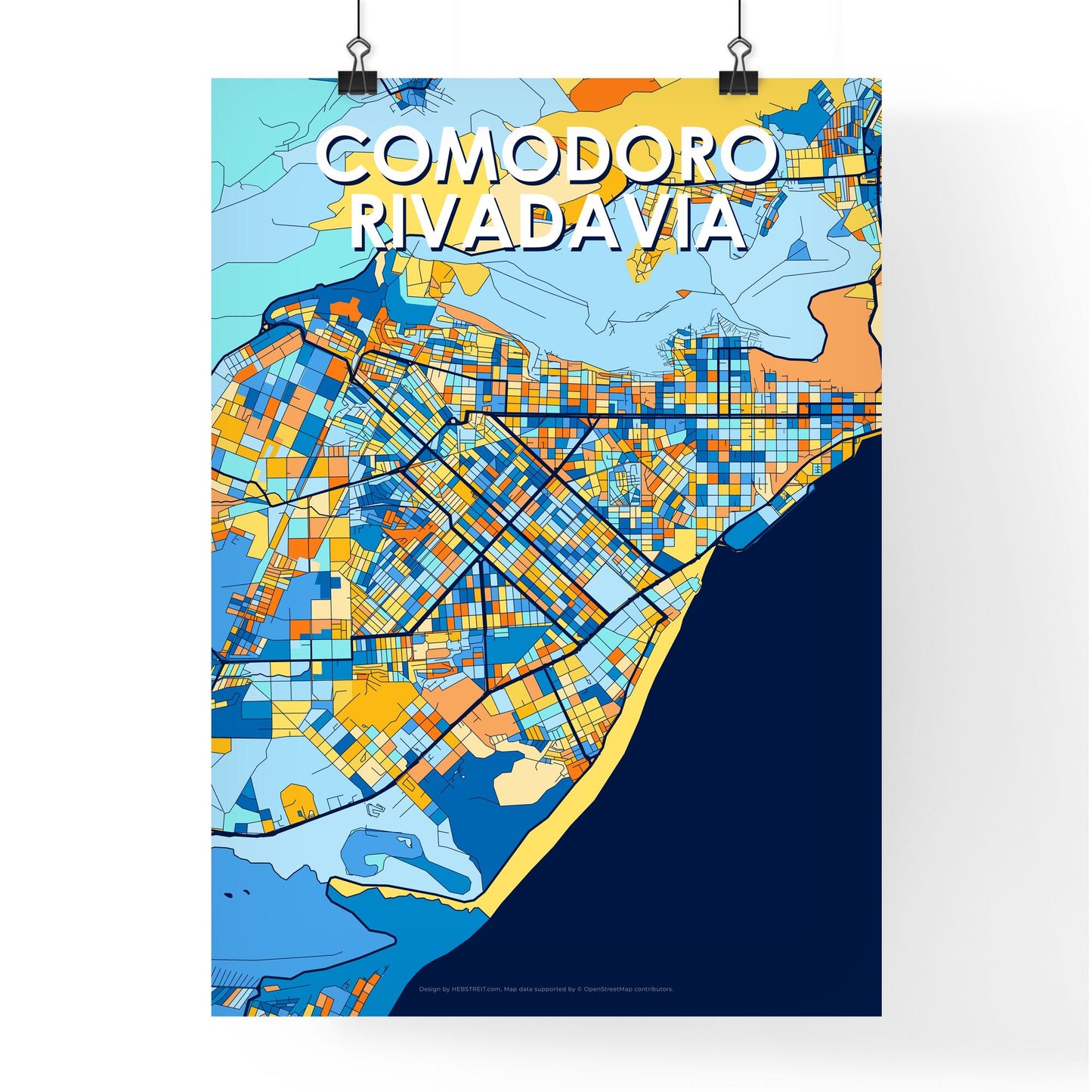 COMODORO RIVADAVIA ARGENTINA Vibrant Colorful Art Map Poster Blue Orange