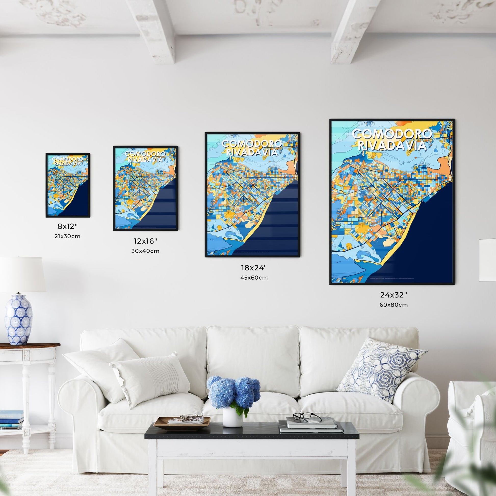 COMODORO RIVADAVIA ARGENTINA Vibrant Colorful Art Map Poster Blue Orange