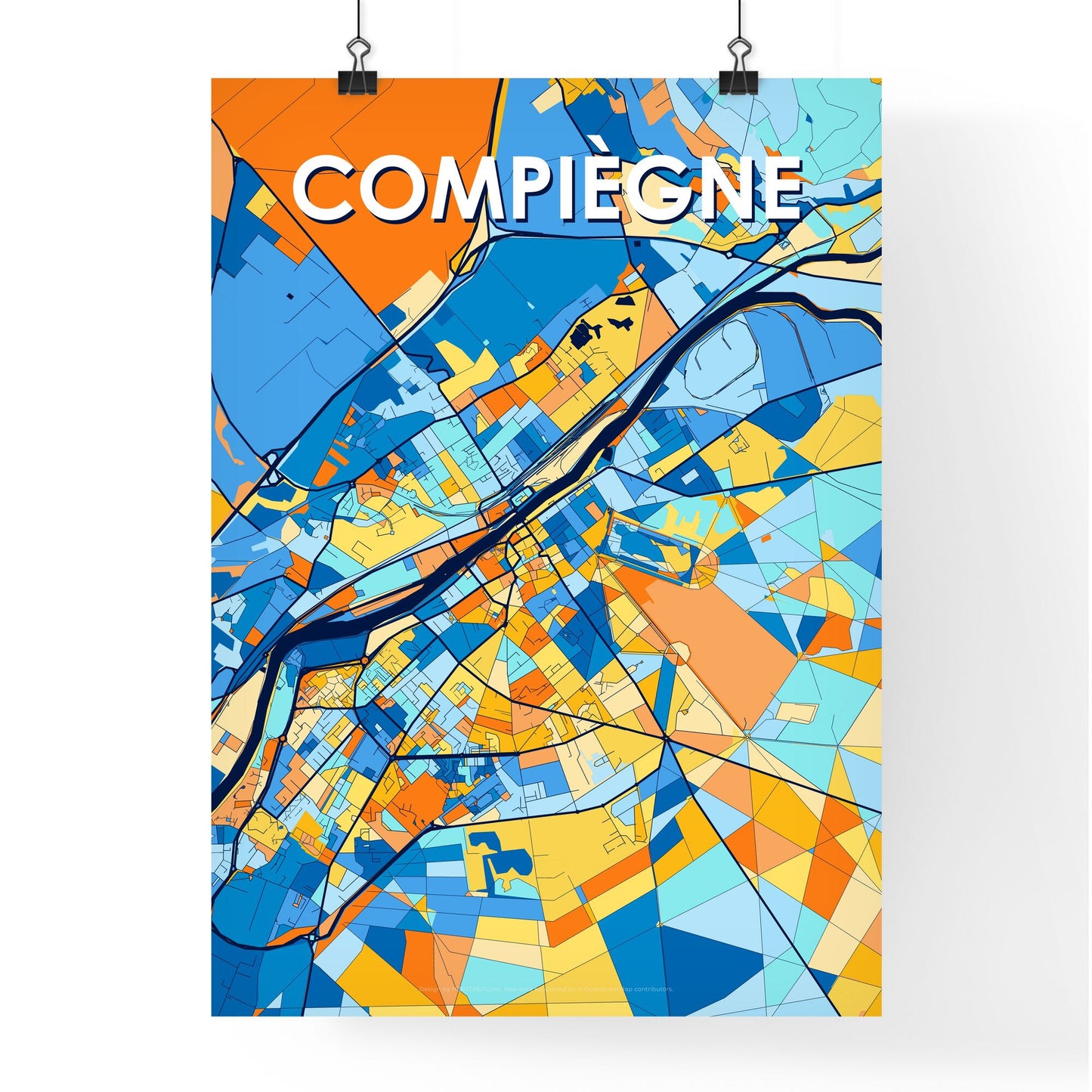 COMPIÈGNE FRANCE Vibrant Colorful Art Map Poster Blue Orange