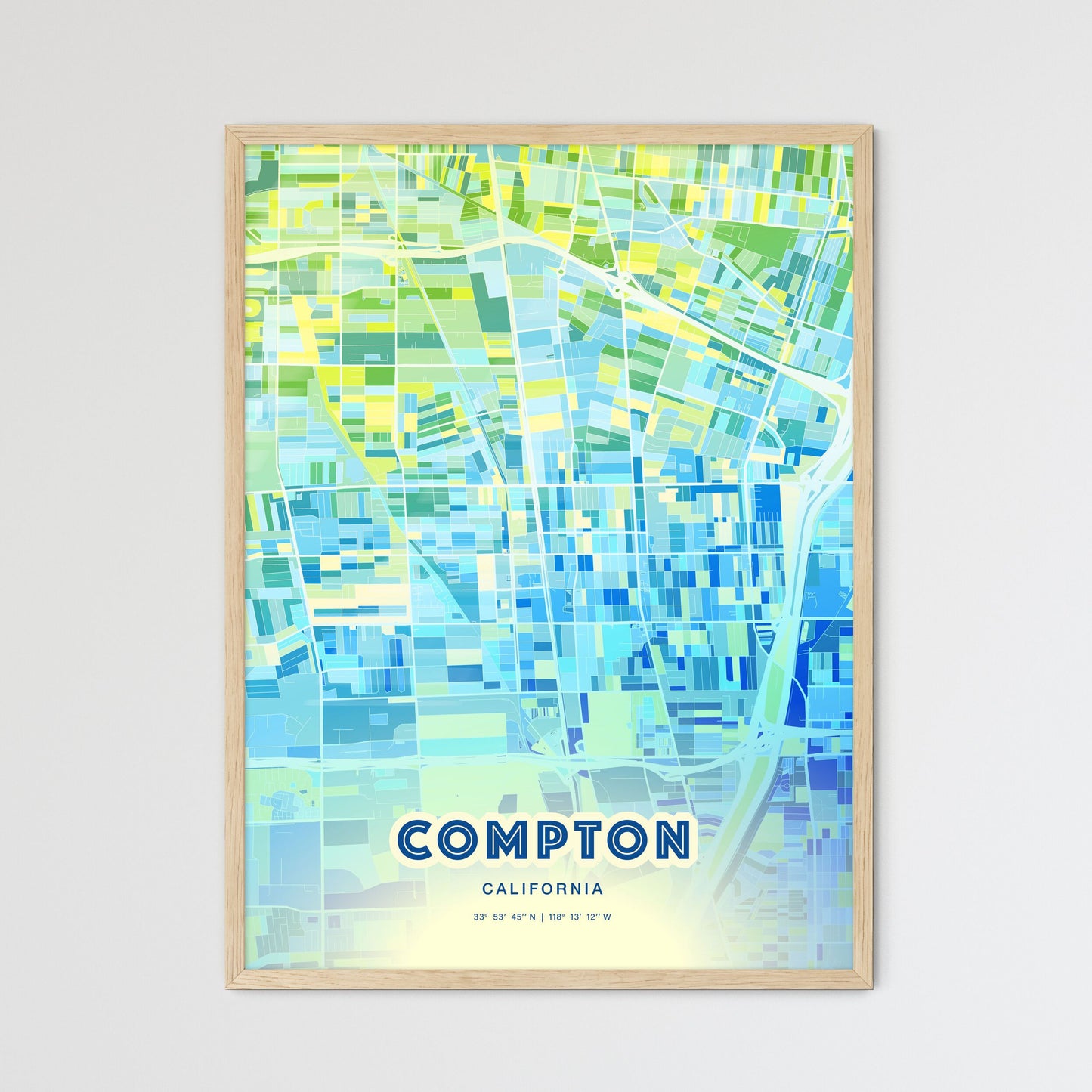 Colorful Compton California Fine Art Map Cool Blue