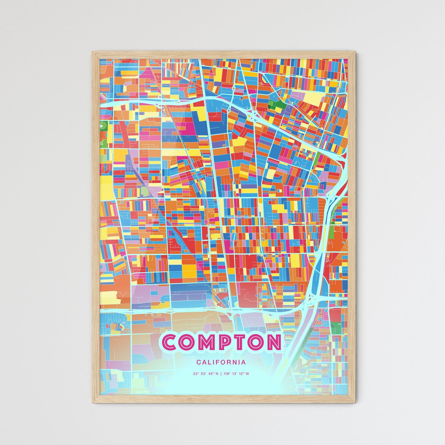 Colorful Compton California Fine Art Map Crazy Colors