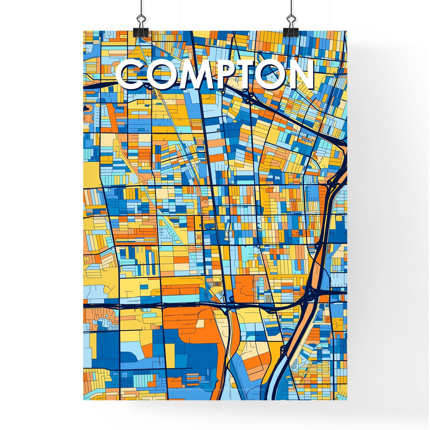 COMPTON CALIFORNIA Vibrant Colorful Art Map Poster Blue Orange