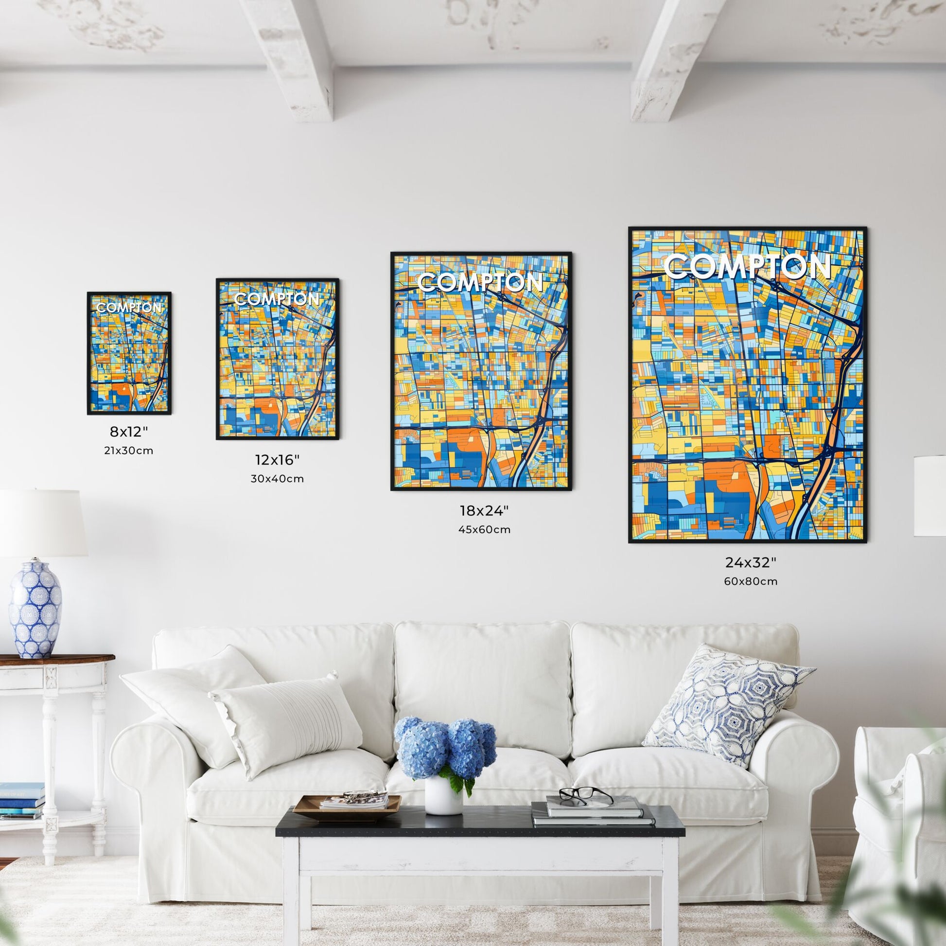 COMPTON CALIFORNIA Vibrant Colorful Art Map Poster Blue Orange