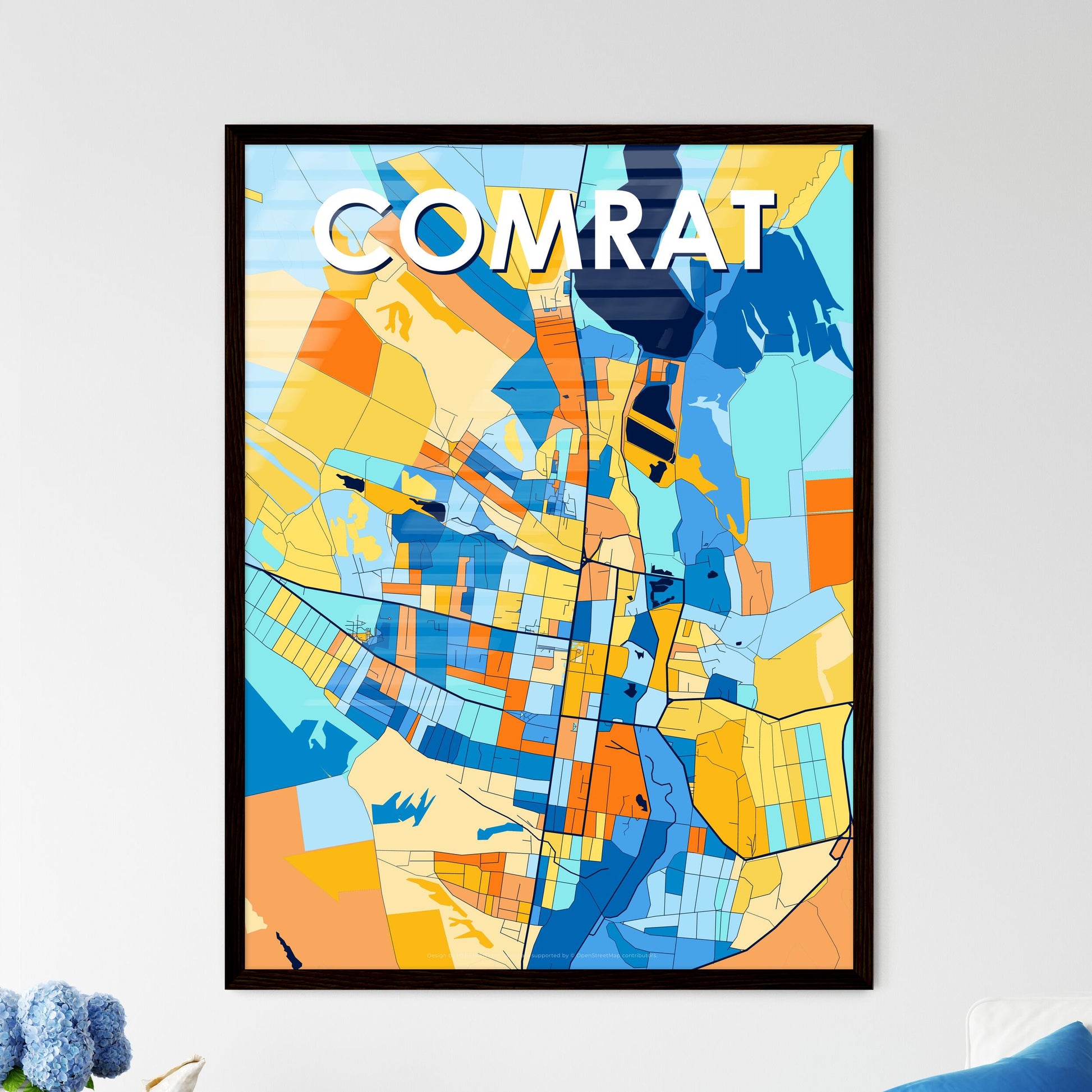 COMRAT MOLDOVA Vibrant Colorful Art Map Poster Blue Orange