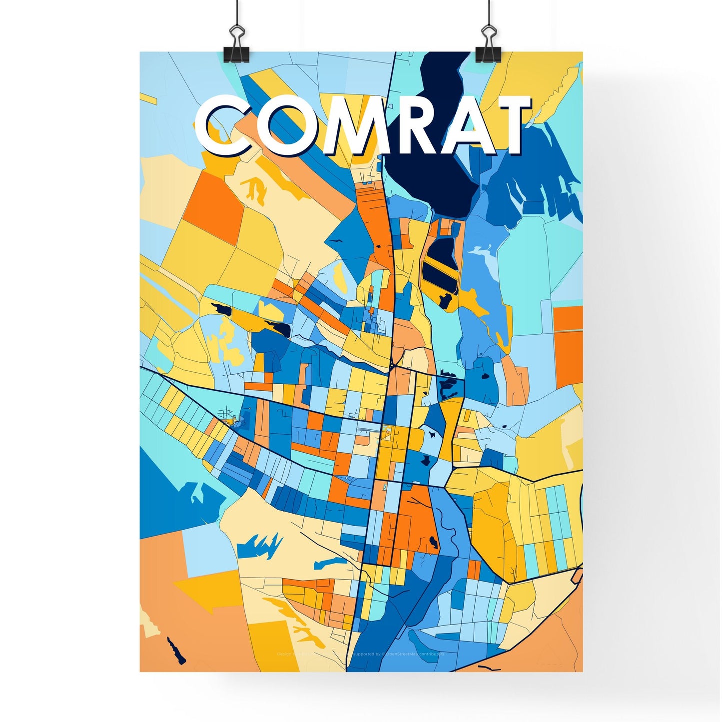 COMRAT MOLDOVA Vibrant Colorful Art Map Poster Blue Orange