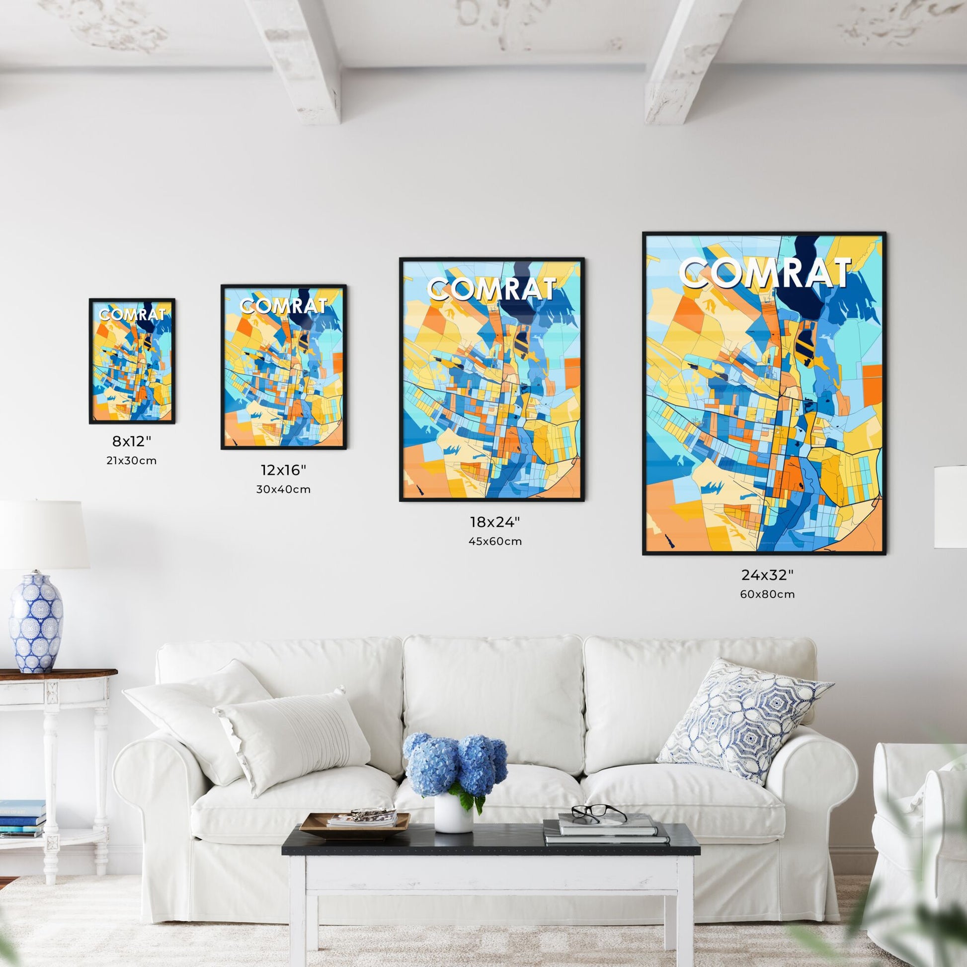 COMRAT MOLDOVA Vibrant Colorful Art Map Poster Blue Orange