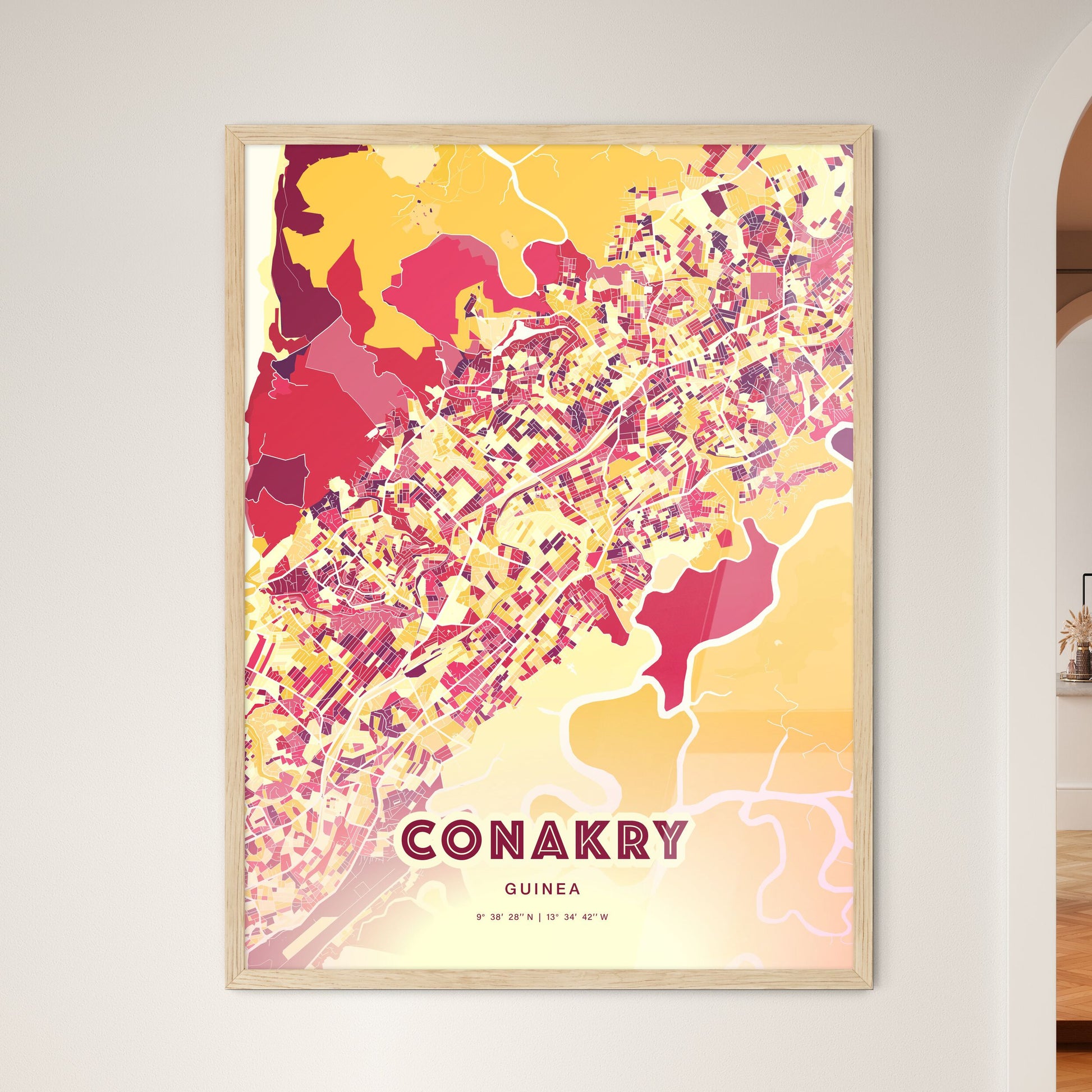 Colorful Conakry Guinea Fine Art Map Hot Red