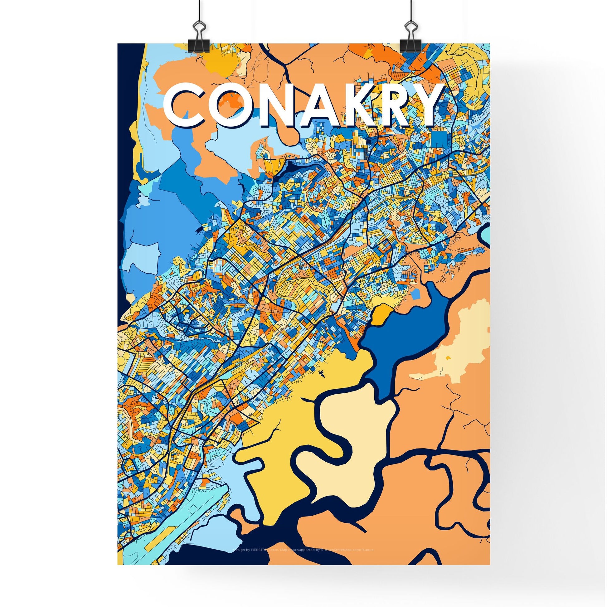 CONAKRY GUINEA Vibrant Colorful Art Map Poster Blue Orange