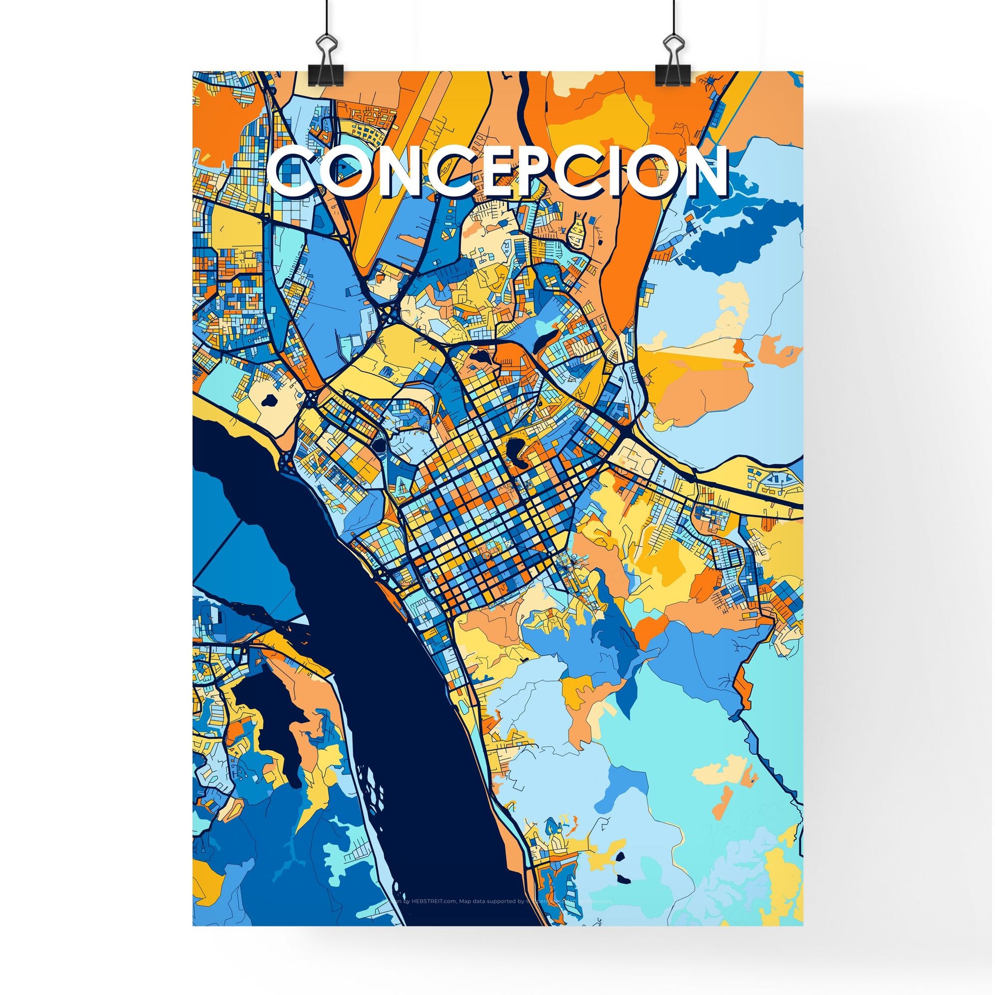 CONCEPCION CHILE Vibrant Colorful Art Map Poster Blue Orange