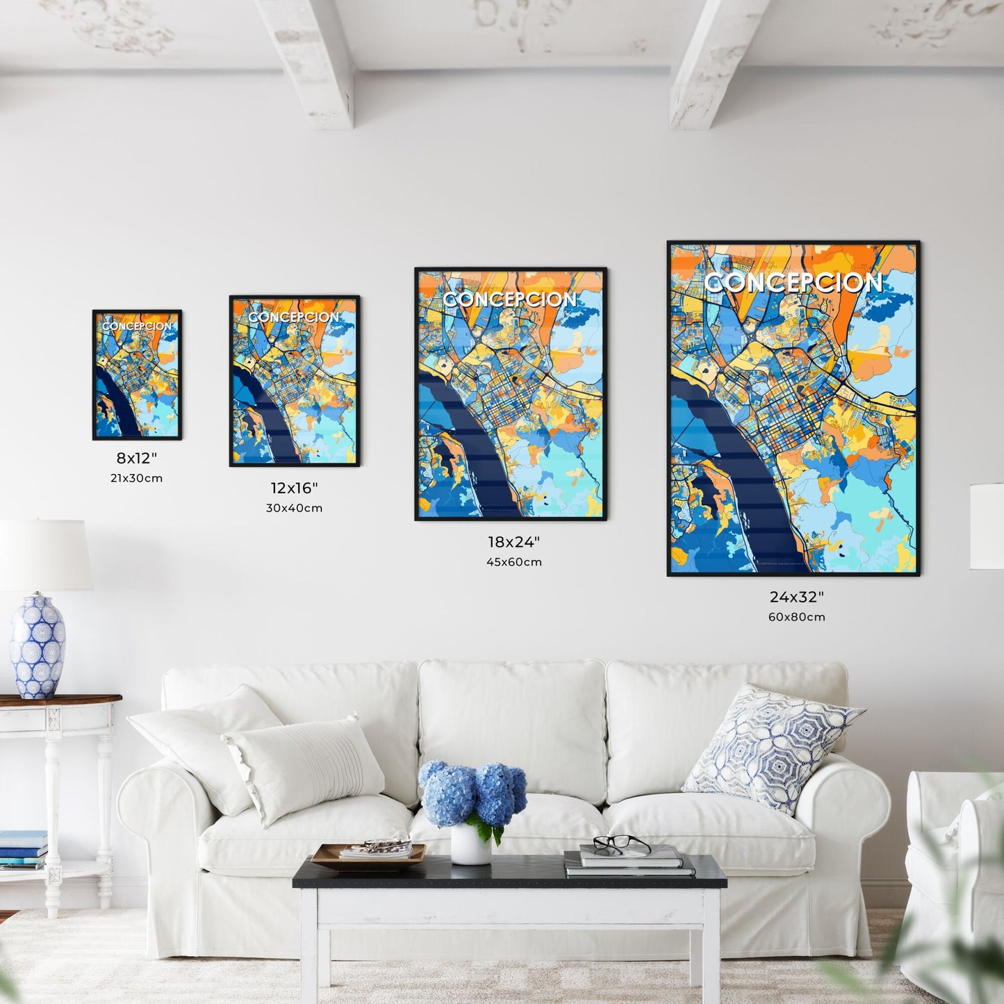 CONCEPCION CHILE Vibrant Colorful Art Map Poster Blue Orange