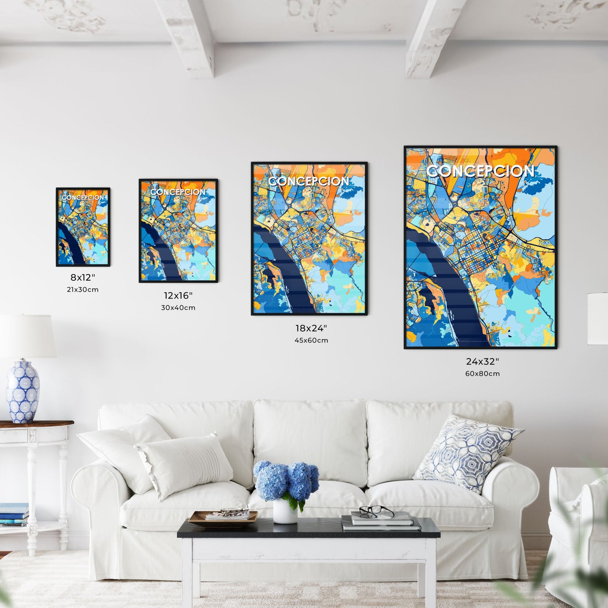 CONCEPCION CHILE Vibrant Colorful Art Map Poster Blue Orange