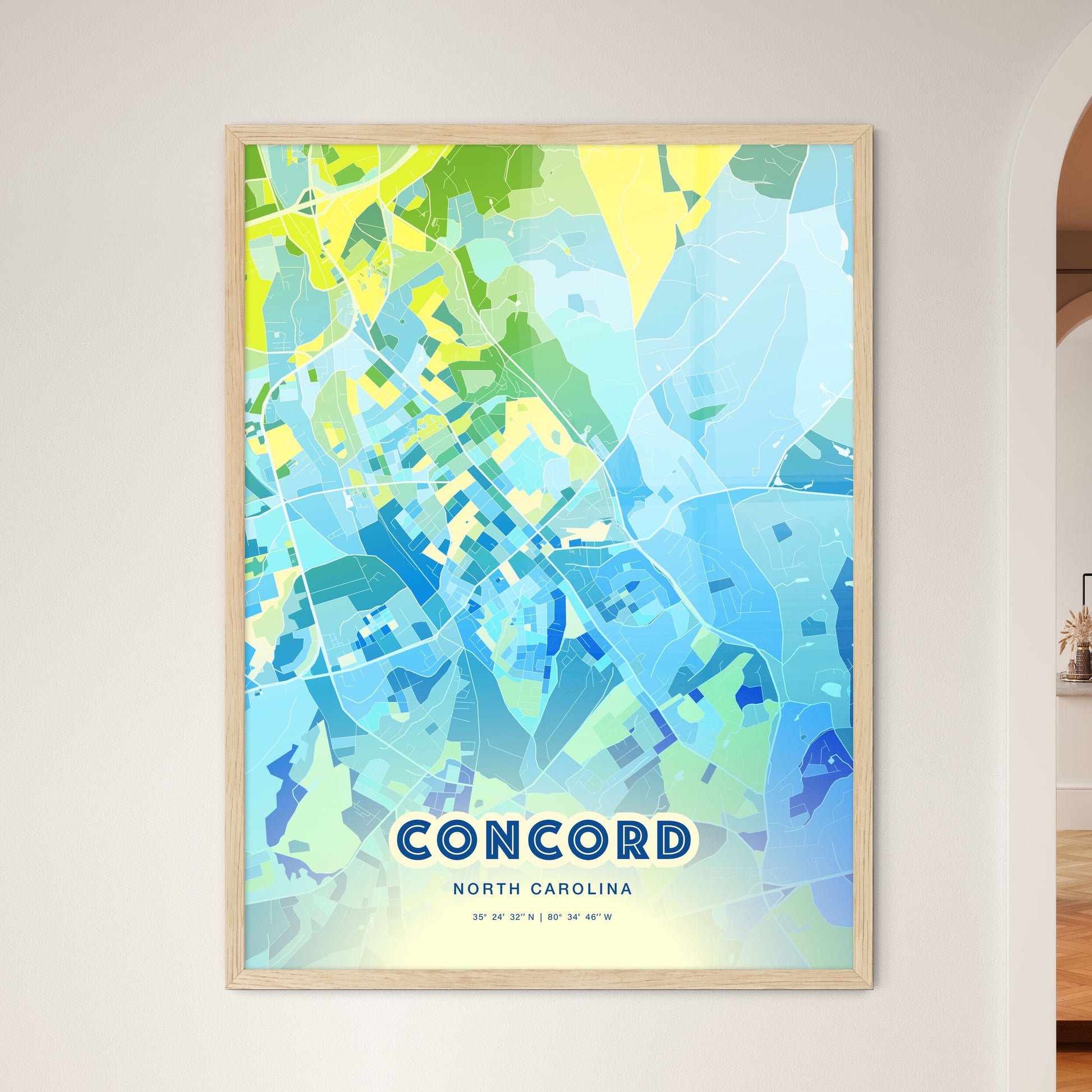 Colorful Concord North Carolina Fine Art Map Cool Blue