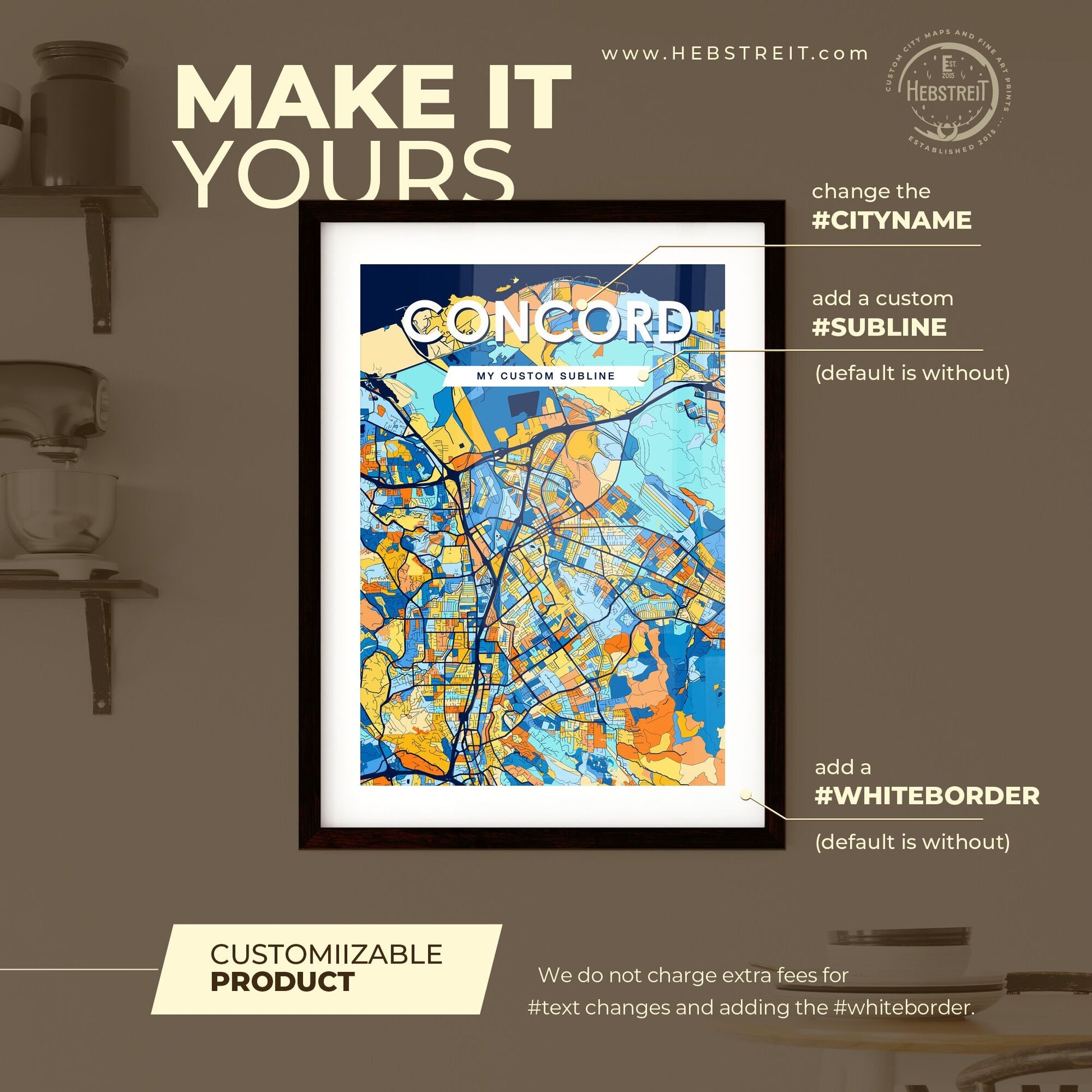 CONCORD CALIFORNIA Vibrant Colorful Art Map Poster Blue Orange