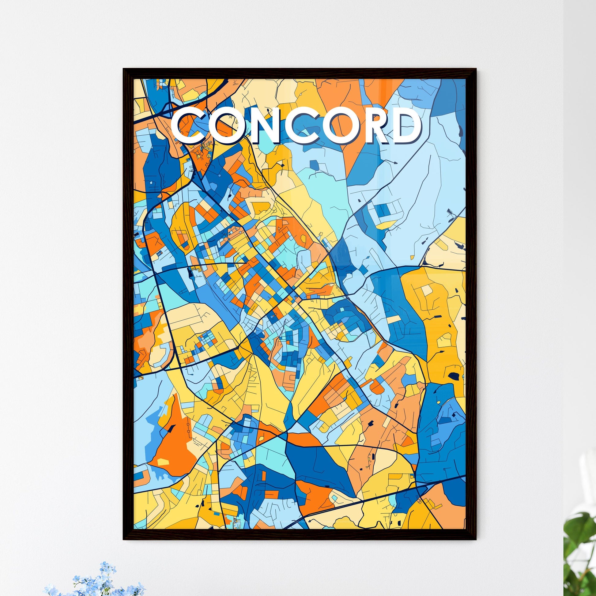 CONCORD NORTH CAROLINA Vibrant Colorful Art Map Poster Blue Orange