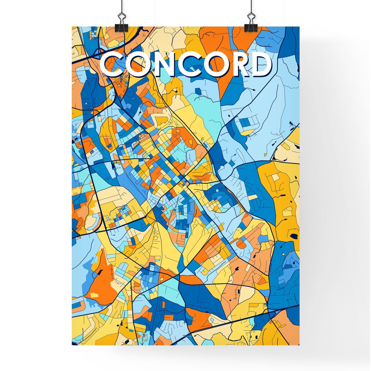CONCORD NORTH CAROLINA Vibrant Colorful Art Map Poster Blue Orange