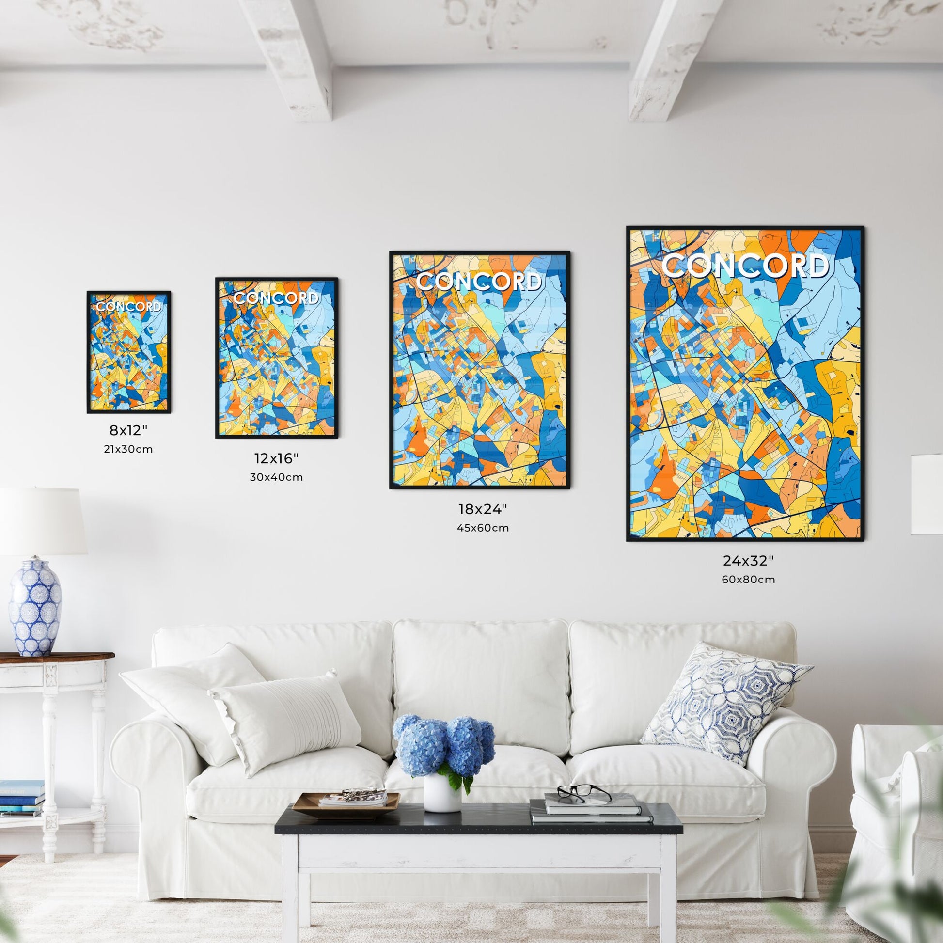 CONCORD NORTH CAROLINA Vibrant Colorful Art Map Poster Blue Orange