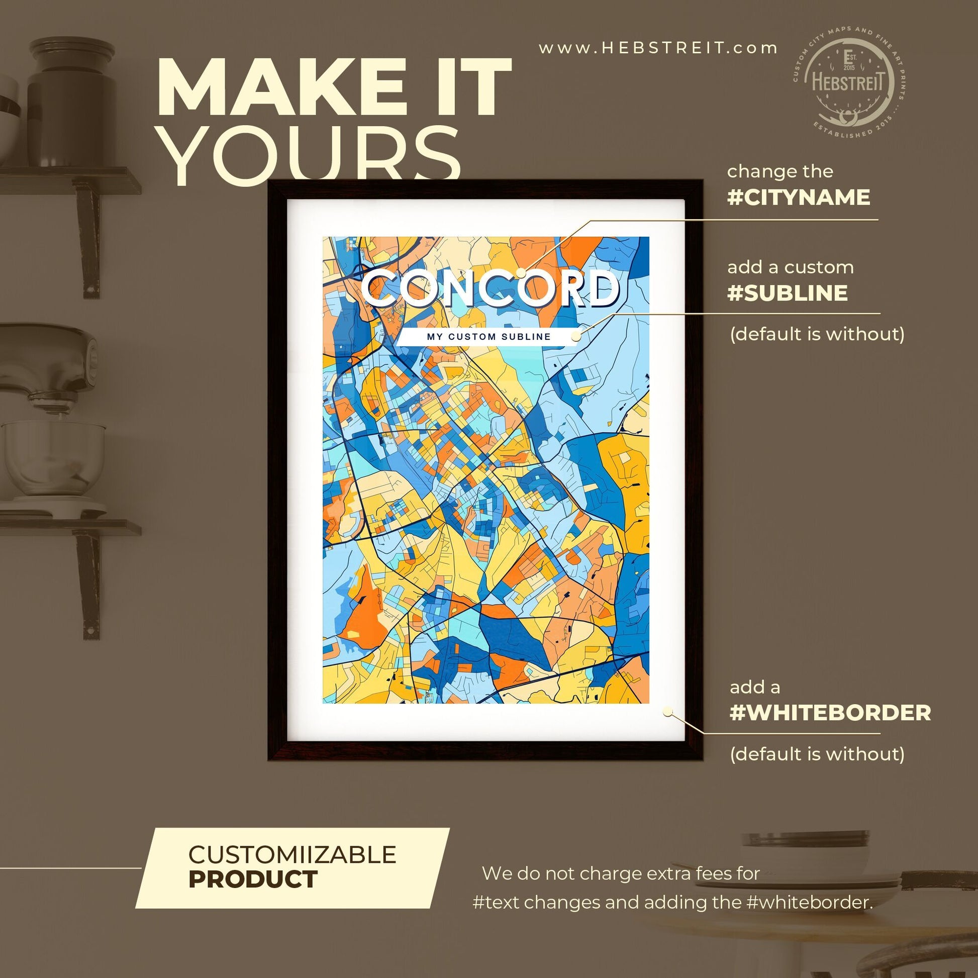 CONCORD NORTH CAROLINA Vibrant Colorful Art Map Poster Blue Orange