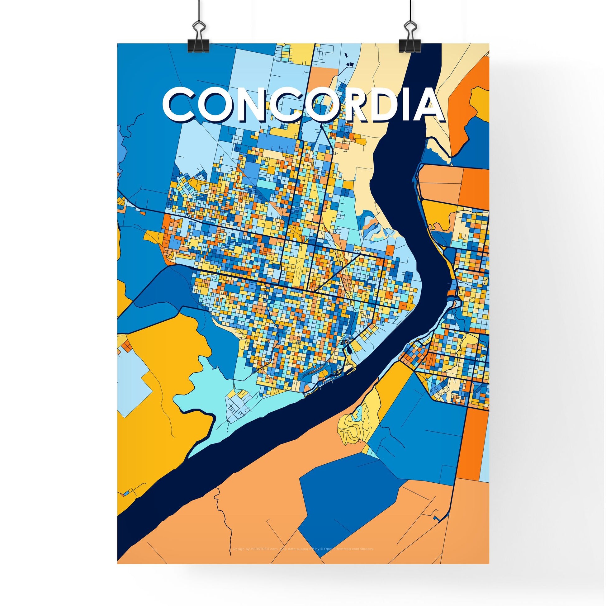 CONCORDIA ARGENTINA Vibrant Colorful Art Map Poster Blue Orange