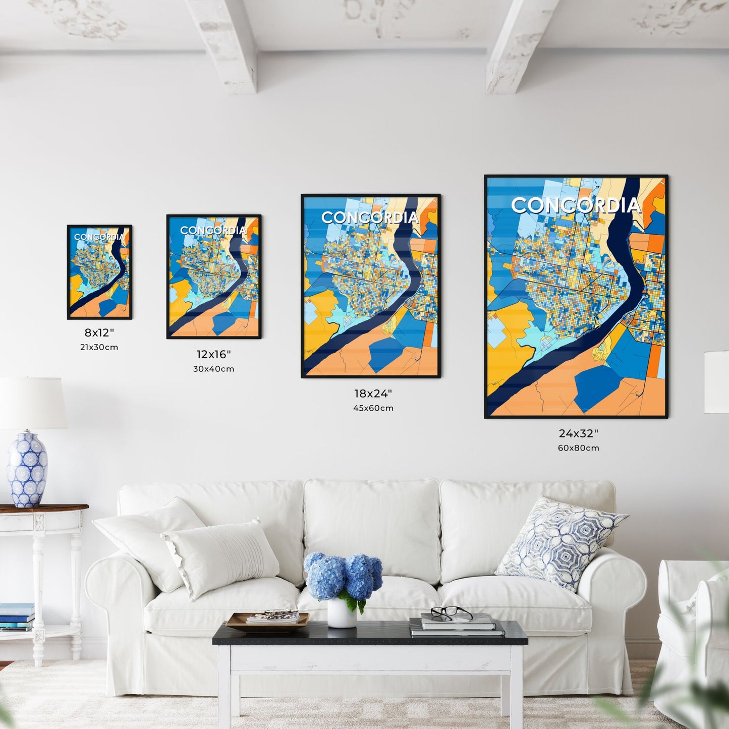 CONCORDIA ARGENTINA Vibrant Colorful Art Map Poster Blue Orange
