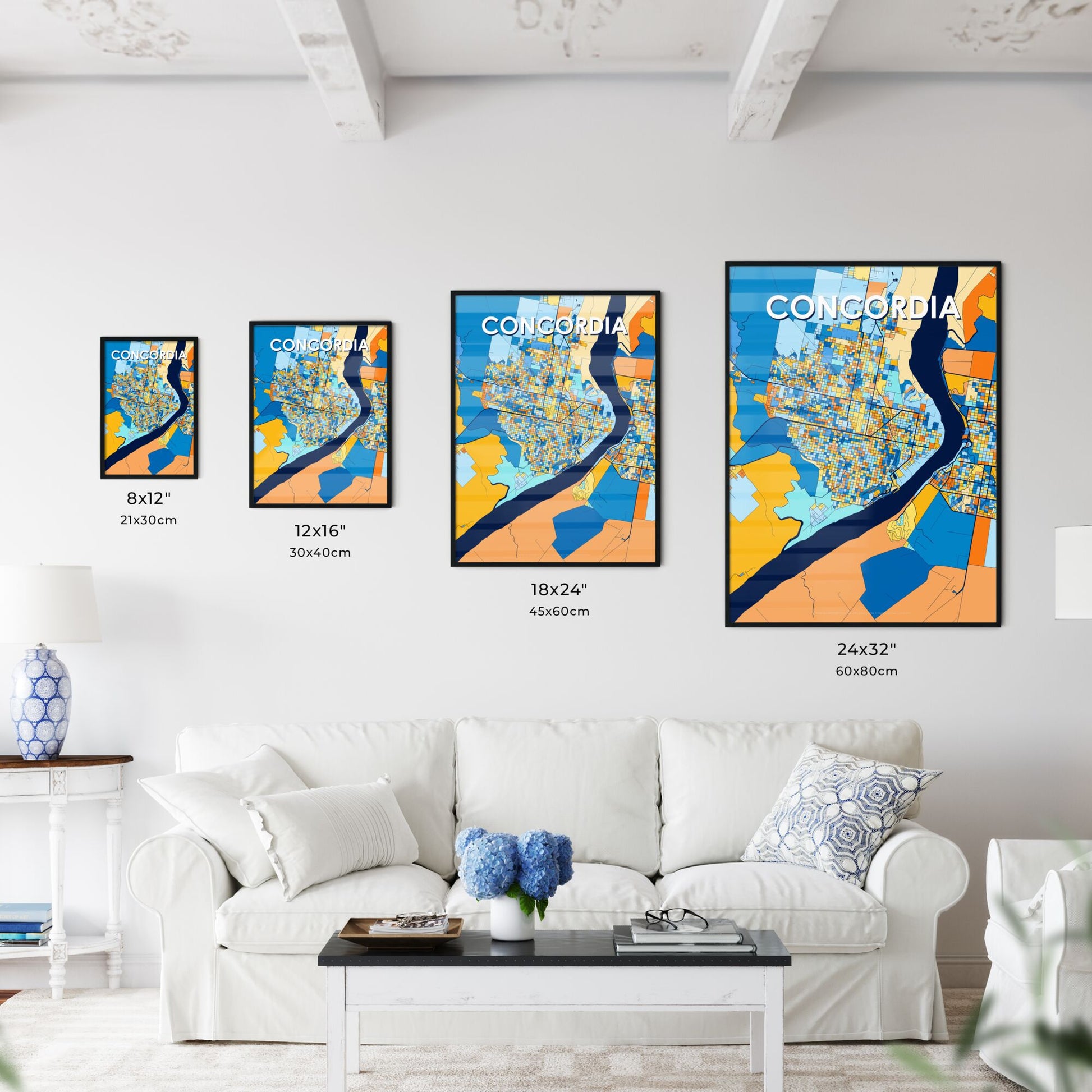 CONCORDIA ARGENTINA Vibrant Colorful Art Map Poster Blue Orange