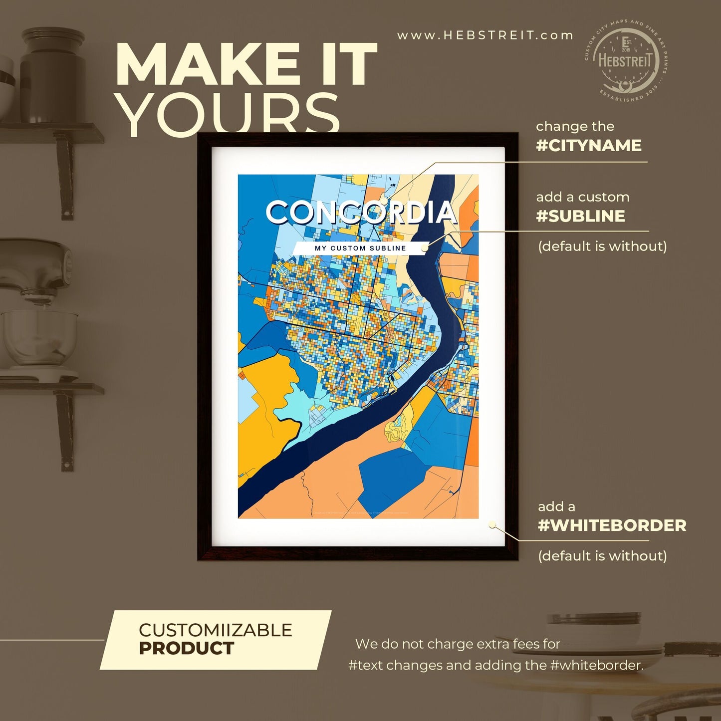 CONCORDIA ARGENTINA Vibrant Colorful Art Map Poster Blue Orange