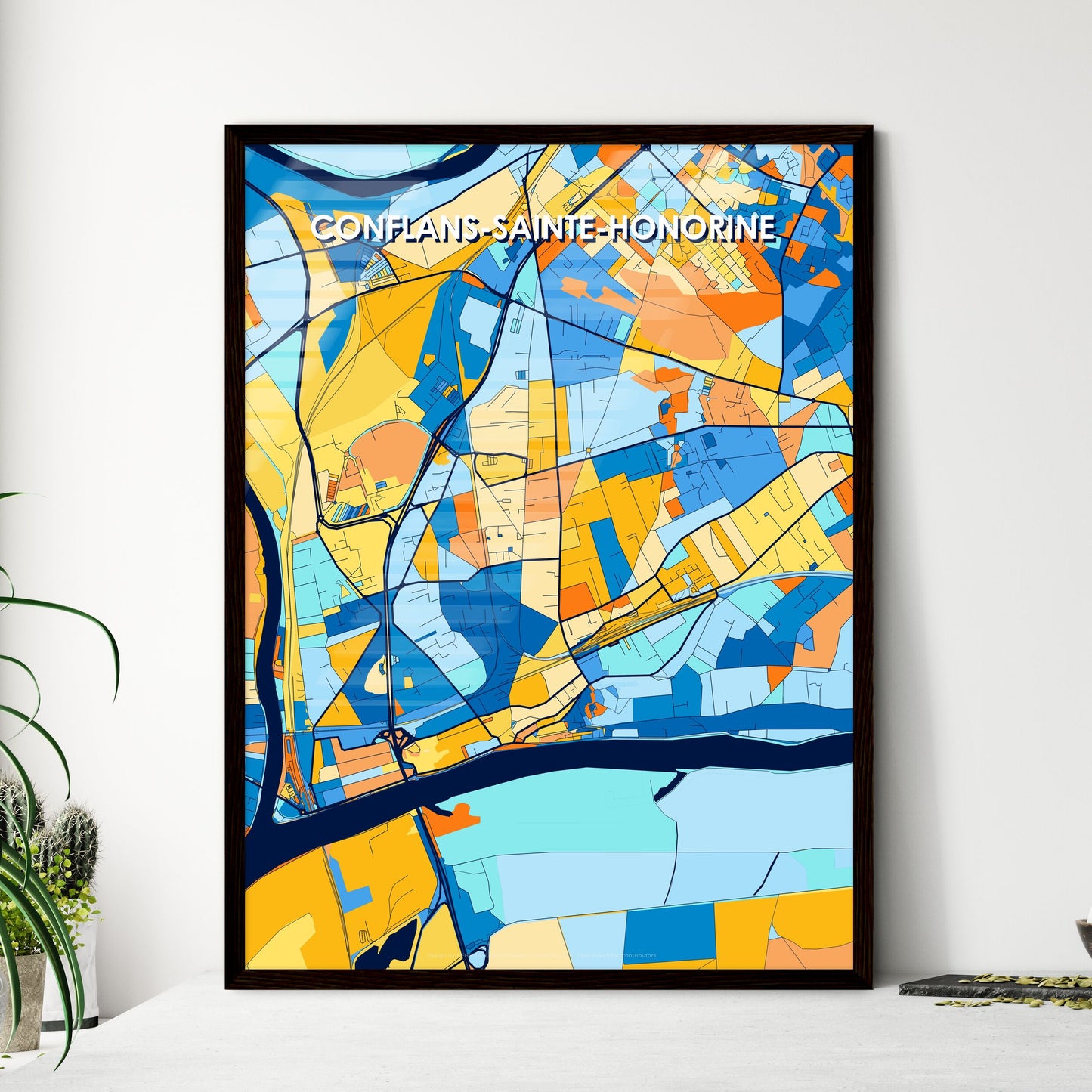 CONFLANS-SAINTE-HONORINE FRANCE Vibrant Colorful Art Map Poster Blue Orange