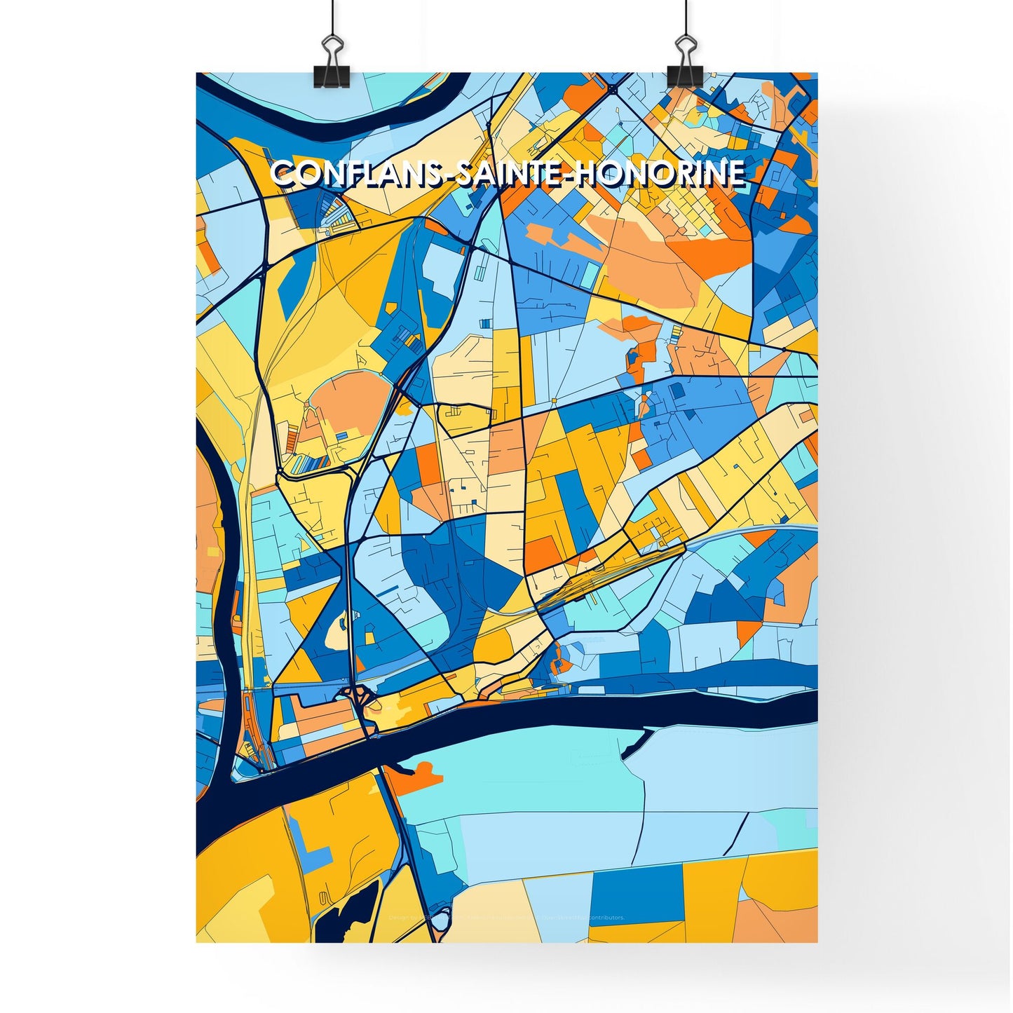 CONFLANS-SAINTE-HONORINE FRANCE Vibrant Colorful Art Map Poster Blue Orange