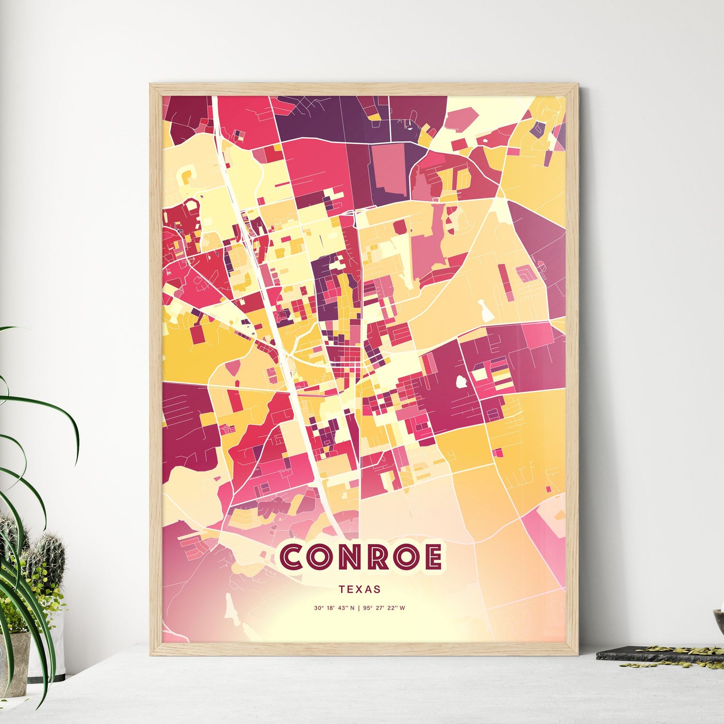 Colorful Conroe Texas Fine Art Map Hot Red