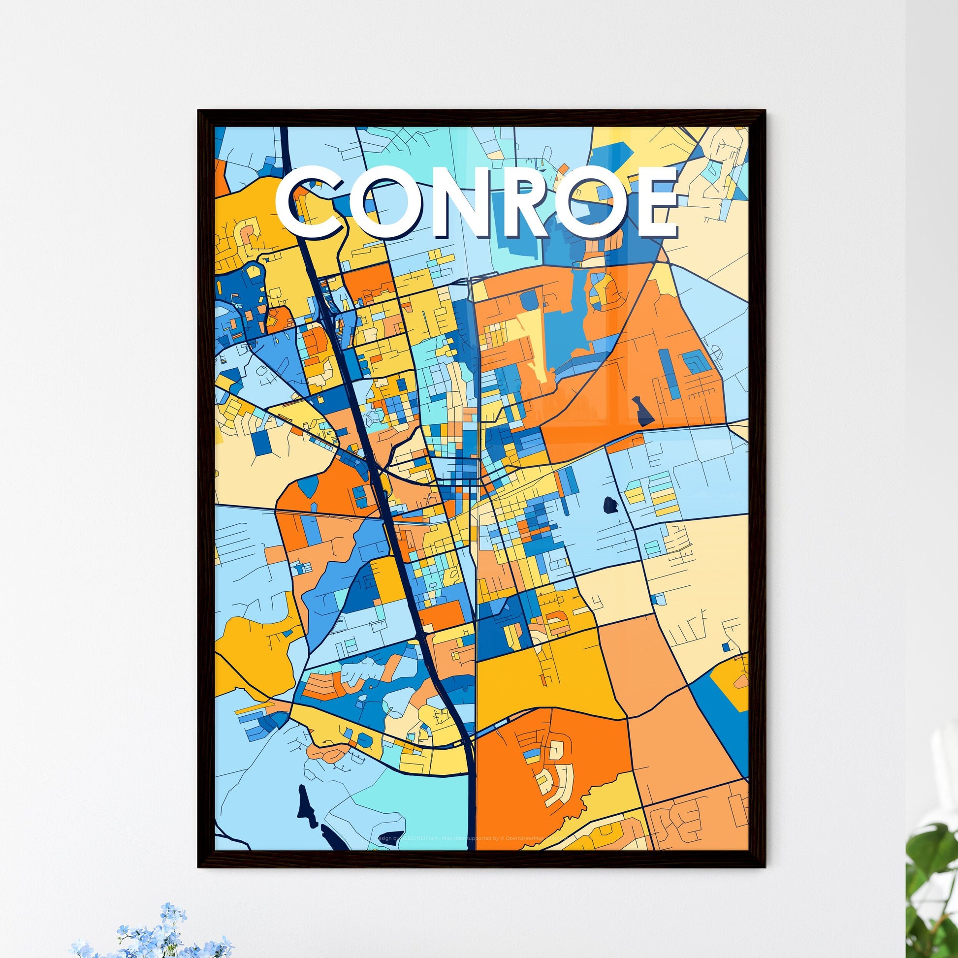 CONROE TEXAS Vibrant Colorful Art Map Poster Blue Orange