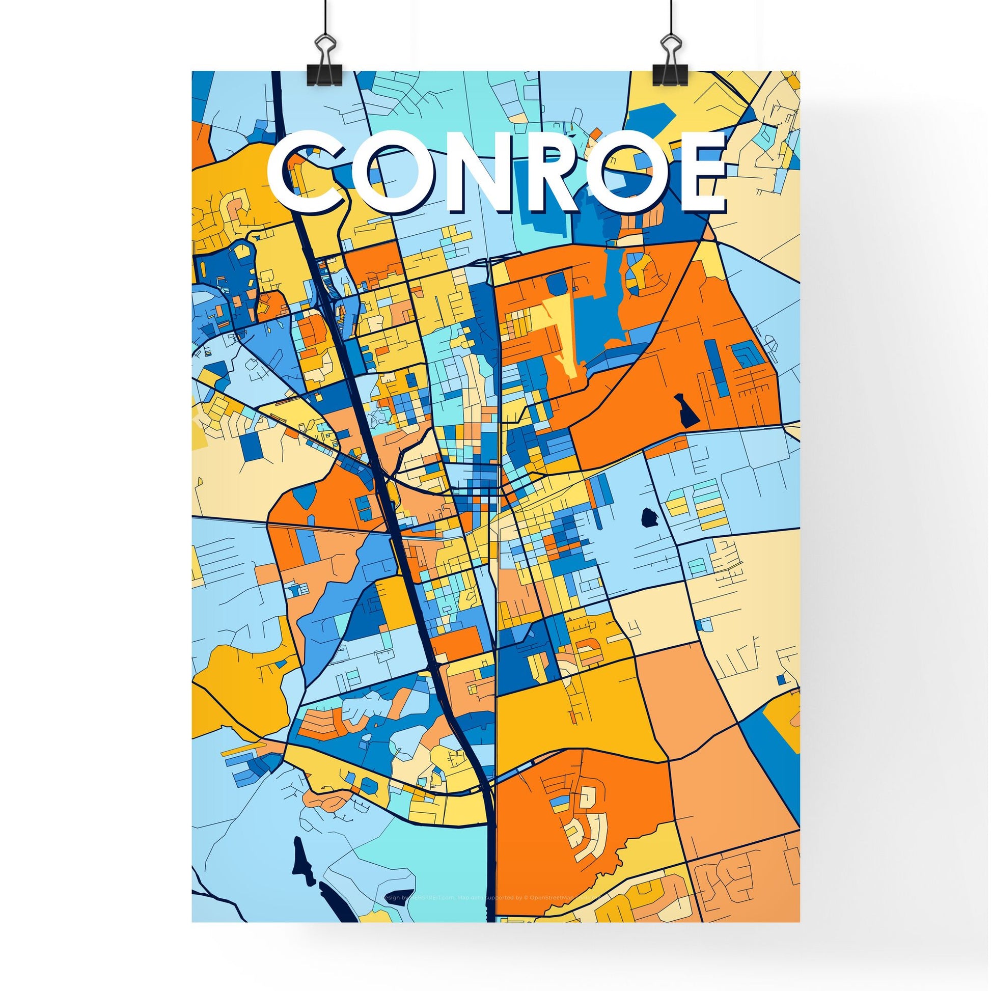 CONROE TEXAS Vibrant Colorful Art Map Poster Blue Orange