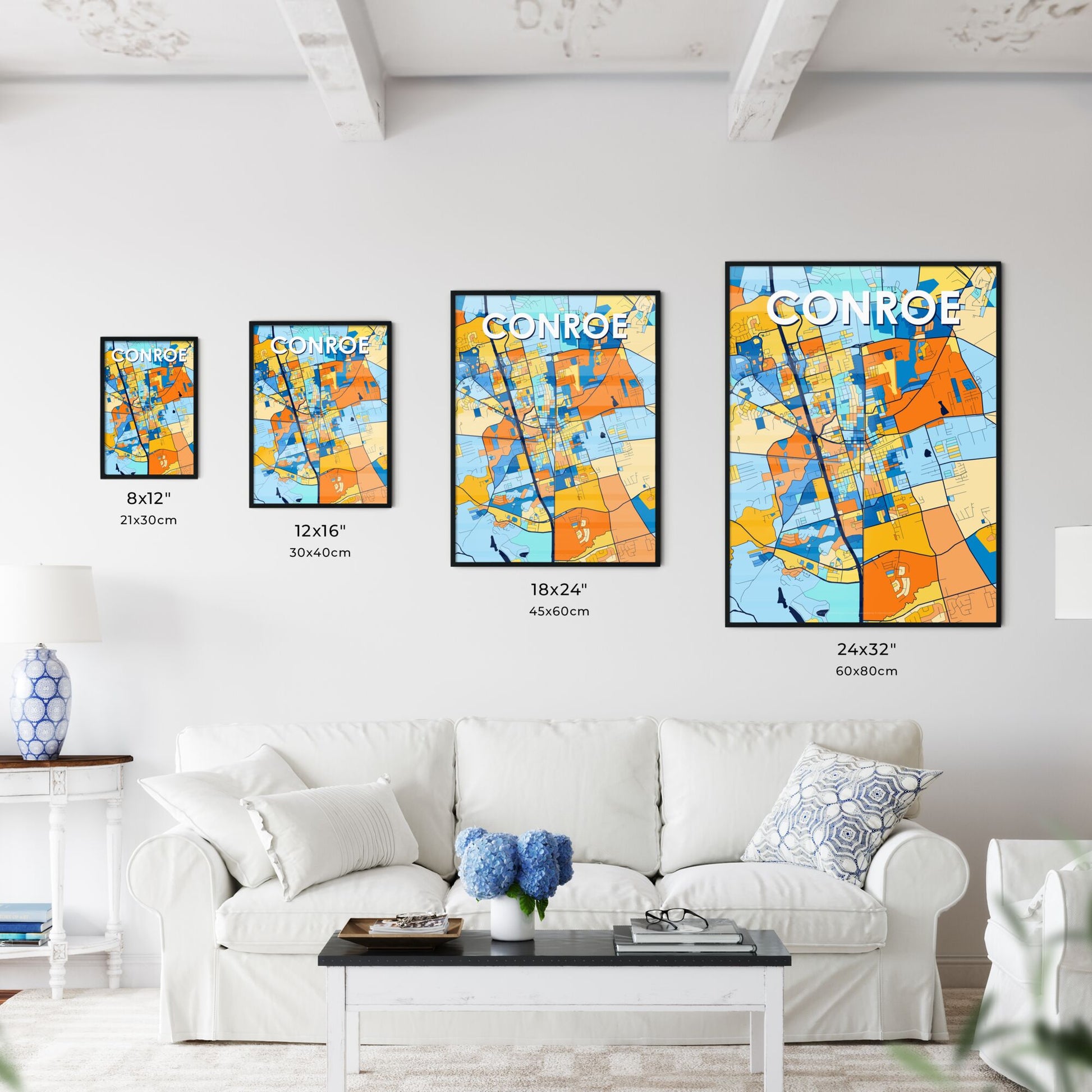 CONROE TEXAS Vibrant Colorful Art Map Poster Blue Orange