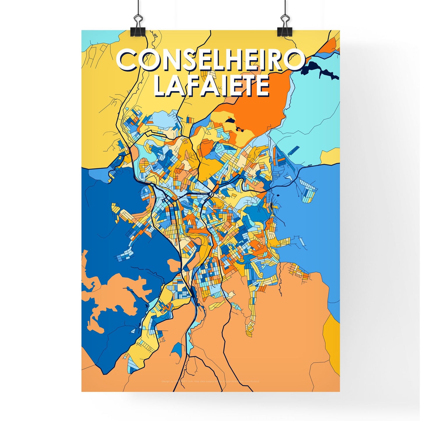 CONSELHEIRO LAFAIETE BRAZIL Vibrant Colorful Art Map Poster Blue Orange