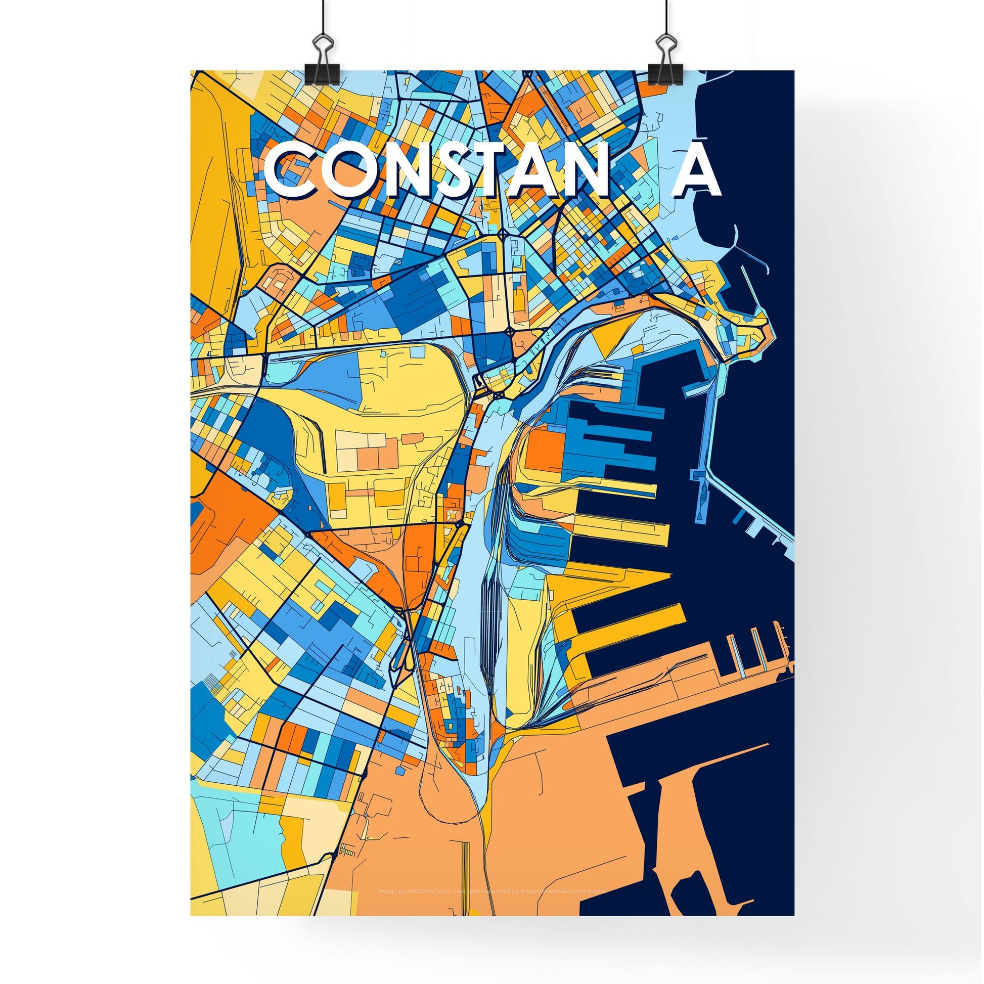 CONSTANȚA ROMANIA Vibrant Colorful Art Map Poster Blue Orange