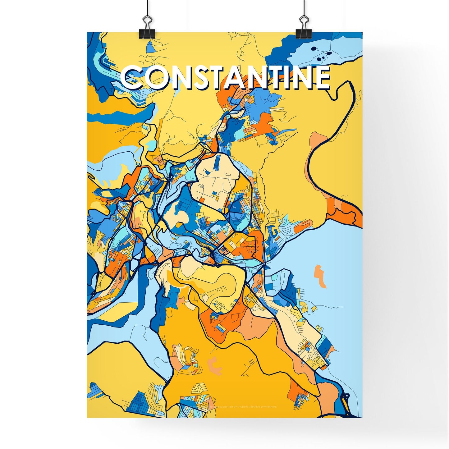 CONSTANTINE ALGERIA Vibrant Colorful Art Map Poster Blue Orange