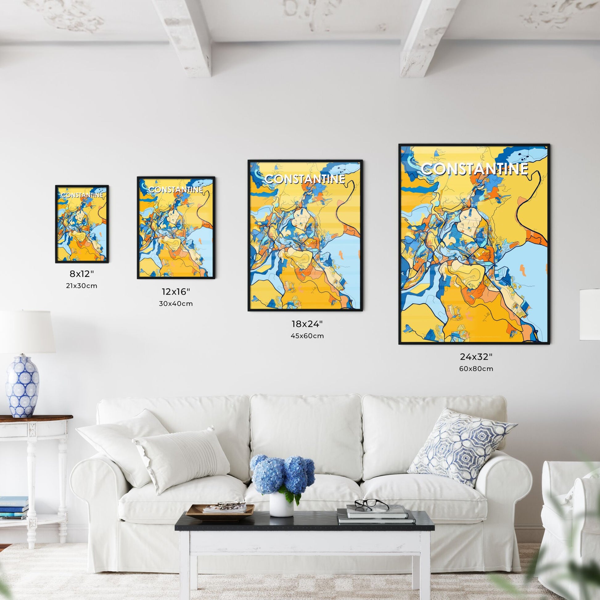 CONSTANTINE ALGERIA Vibrant Colorful Art Map Poster Blue Orange