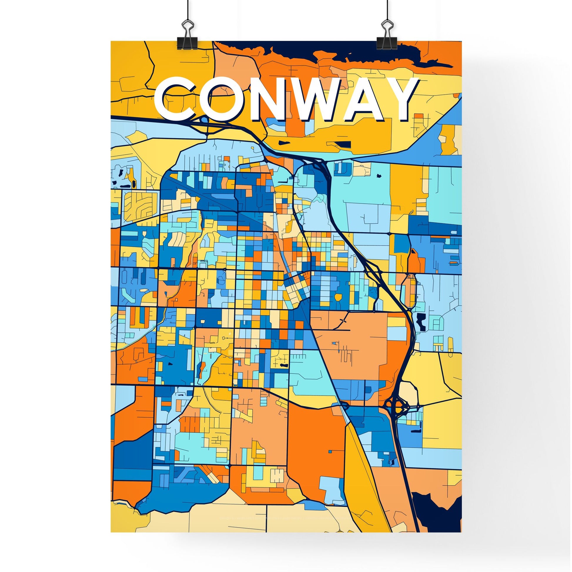 CONWAY ARKANSAS Vibrant Colorful Art Map Poster Blue Orange