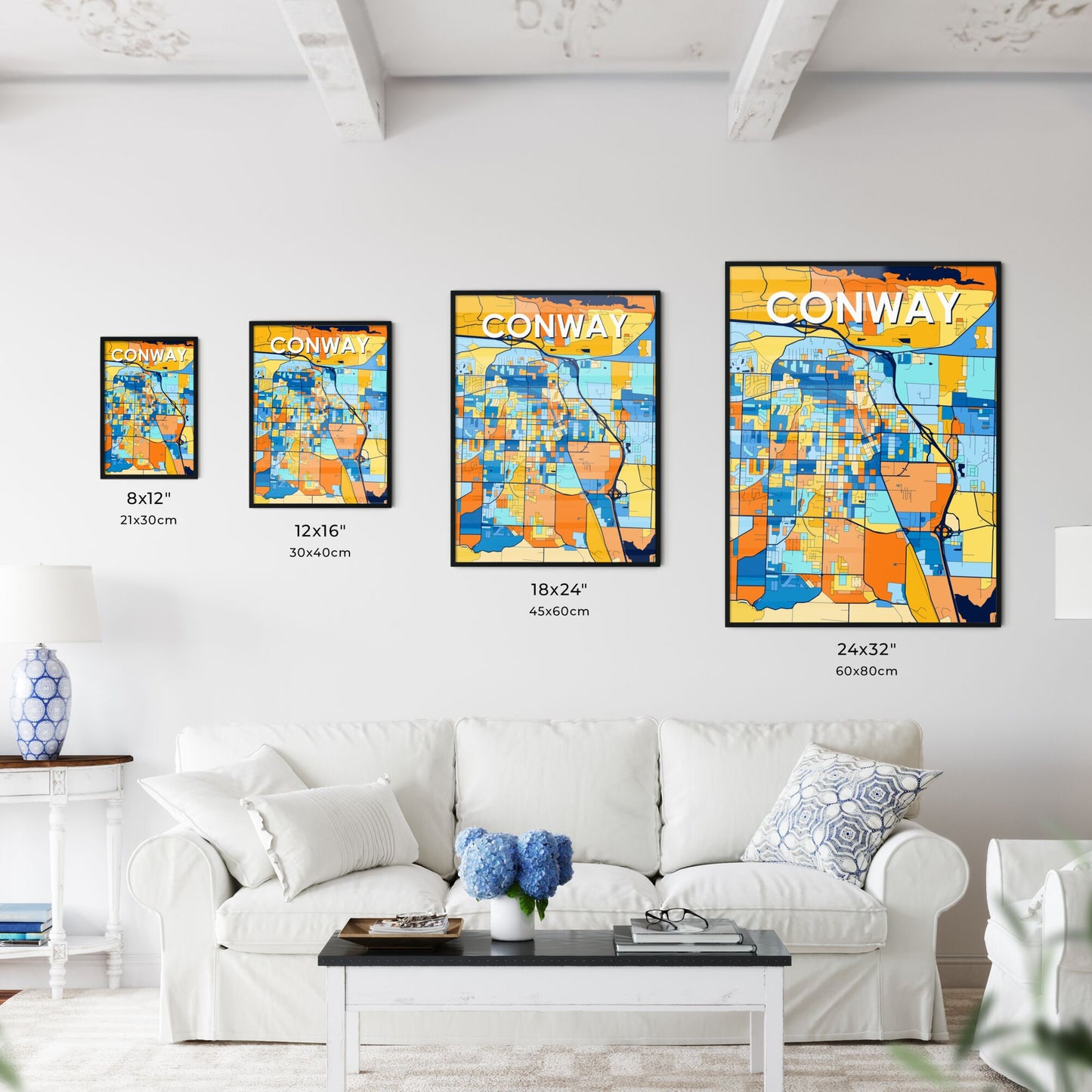 CONWAY ARKANSAS Vibrant Colorful Art Map Poster Blue Orange