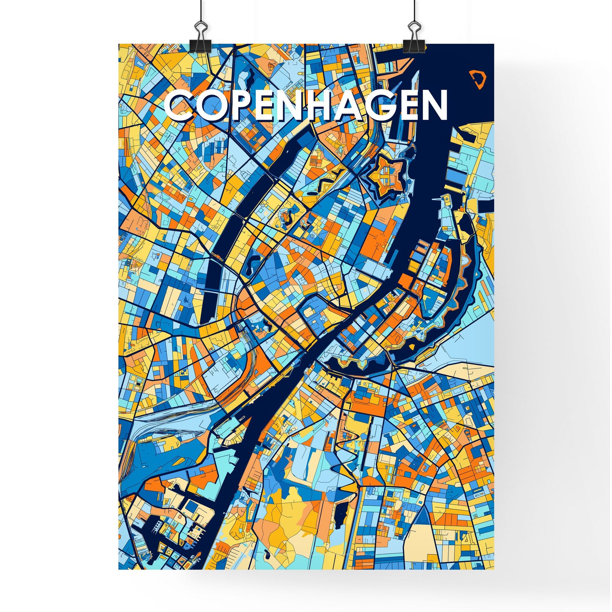 COPENHAGEN DENMARK Vibrant Colorful Art Map Poster Blue Orange