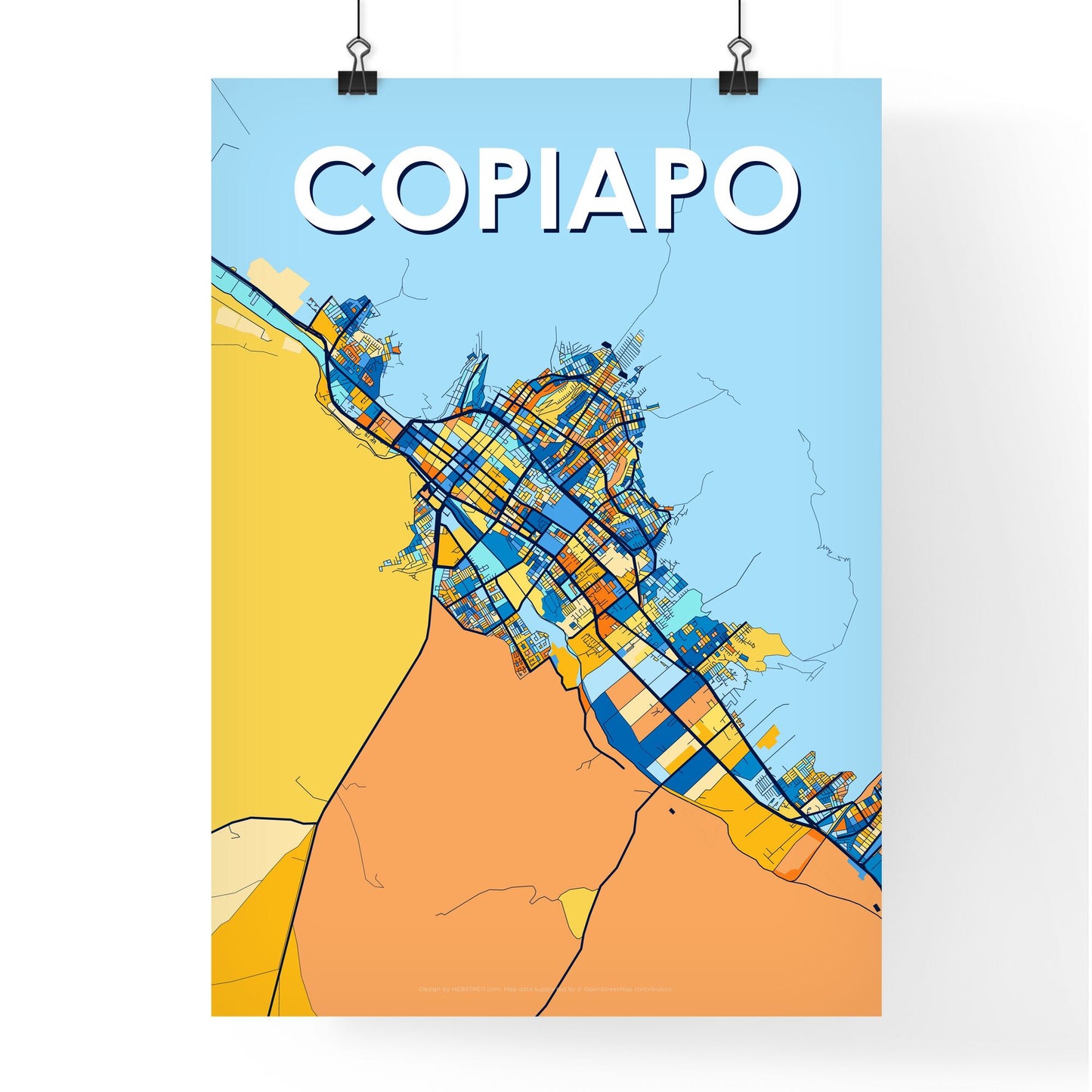 COPIAPO CHILE Vibrant Colorful Art Map Poster Blue Orange