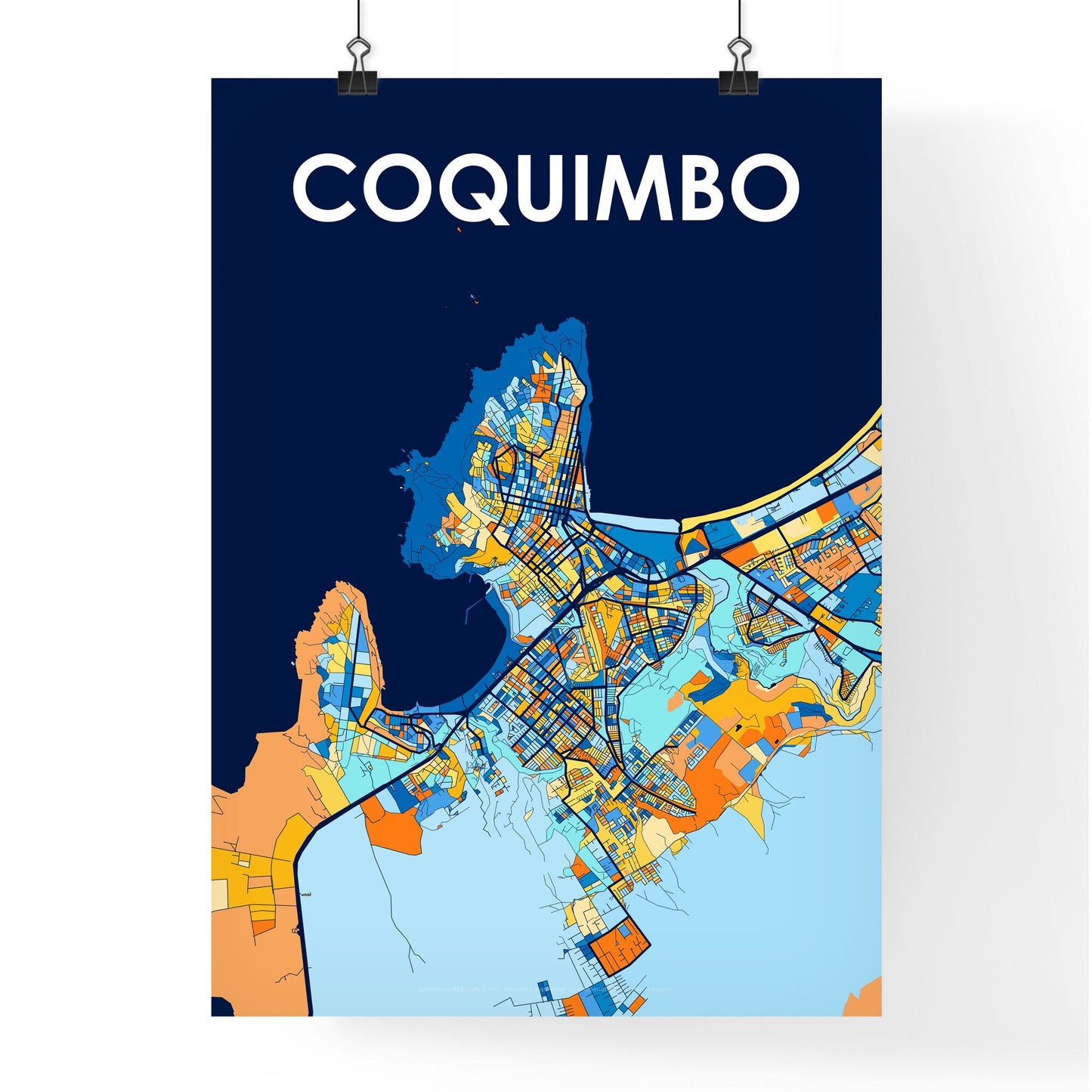 COQUIMBO CHILE Vibrant Colorful Art Map Poster Blue Orange