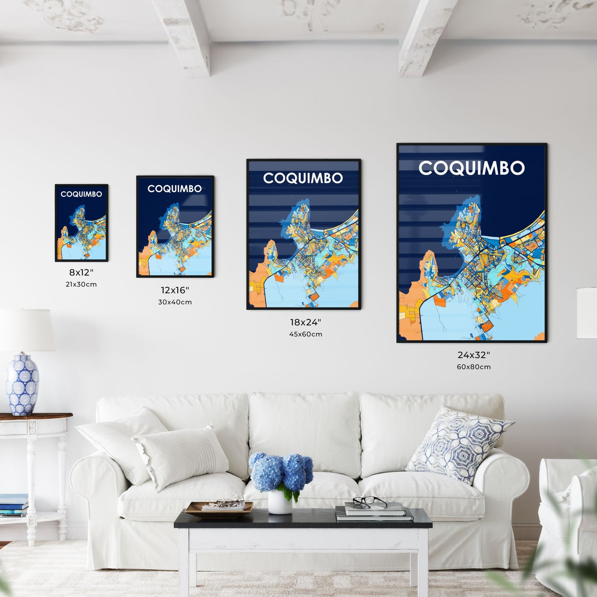 COQUIMBO CHILE Vibrant Colorful Art Map Poster Blue Orange