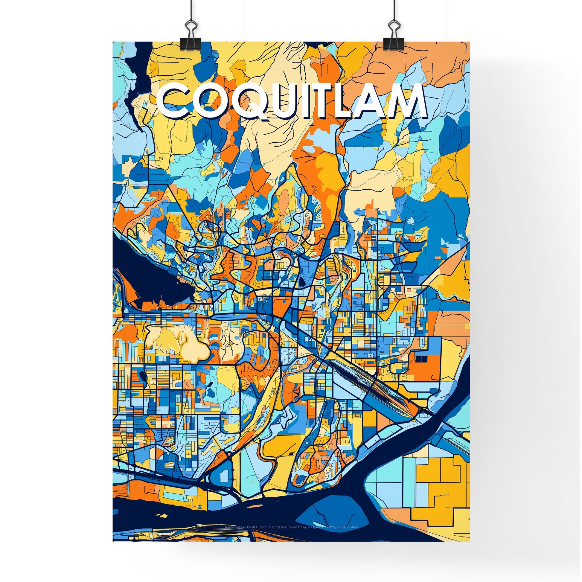 COQUITLAM CANADA Vibrant Colorful Art Map Poster Blue Orange