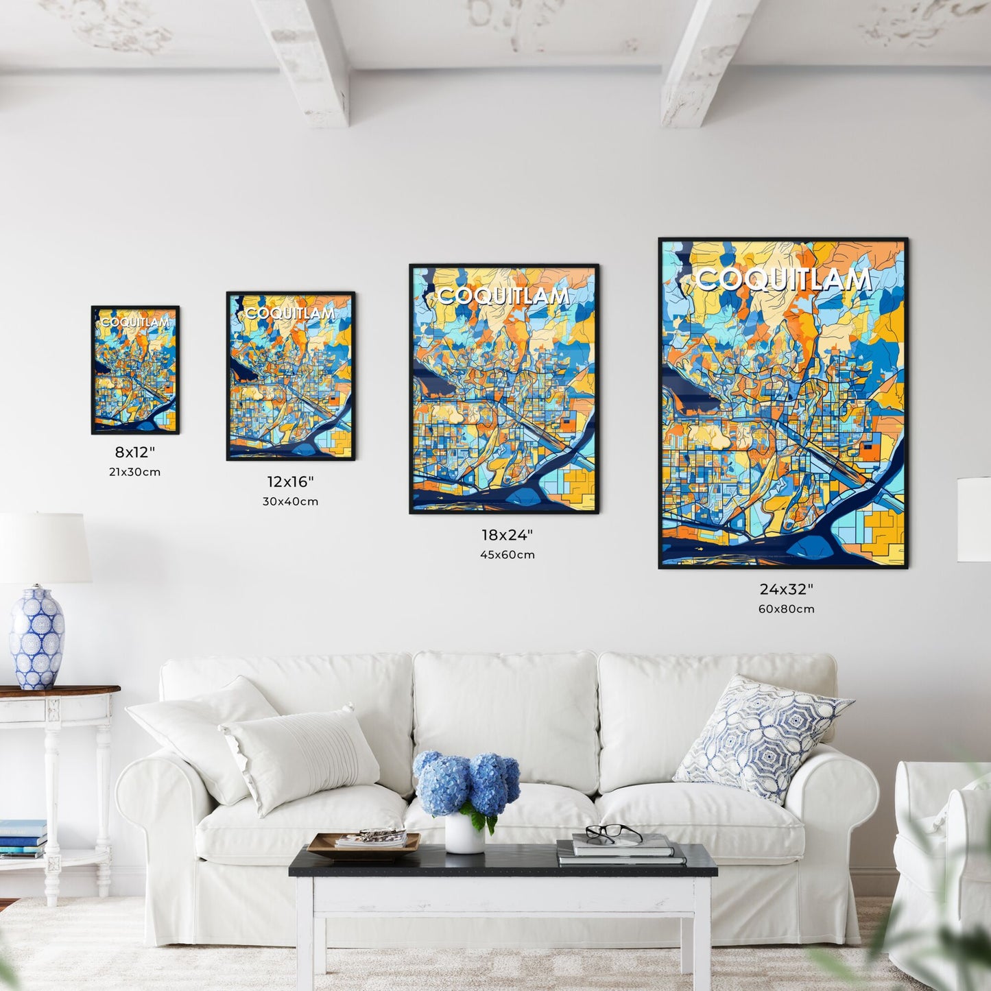 COQUITLAM CANADA Vibrant Colorful Art Map Poster Blue Orange