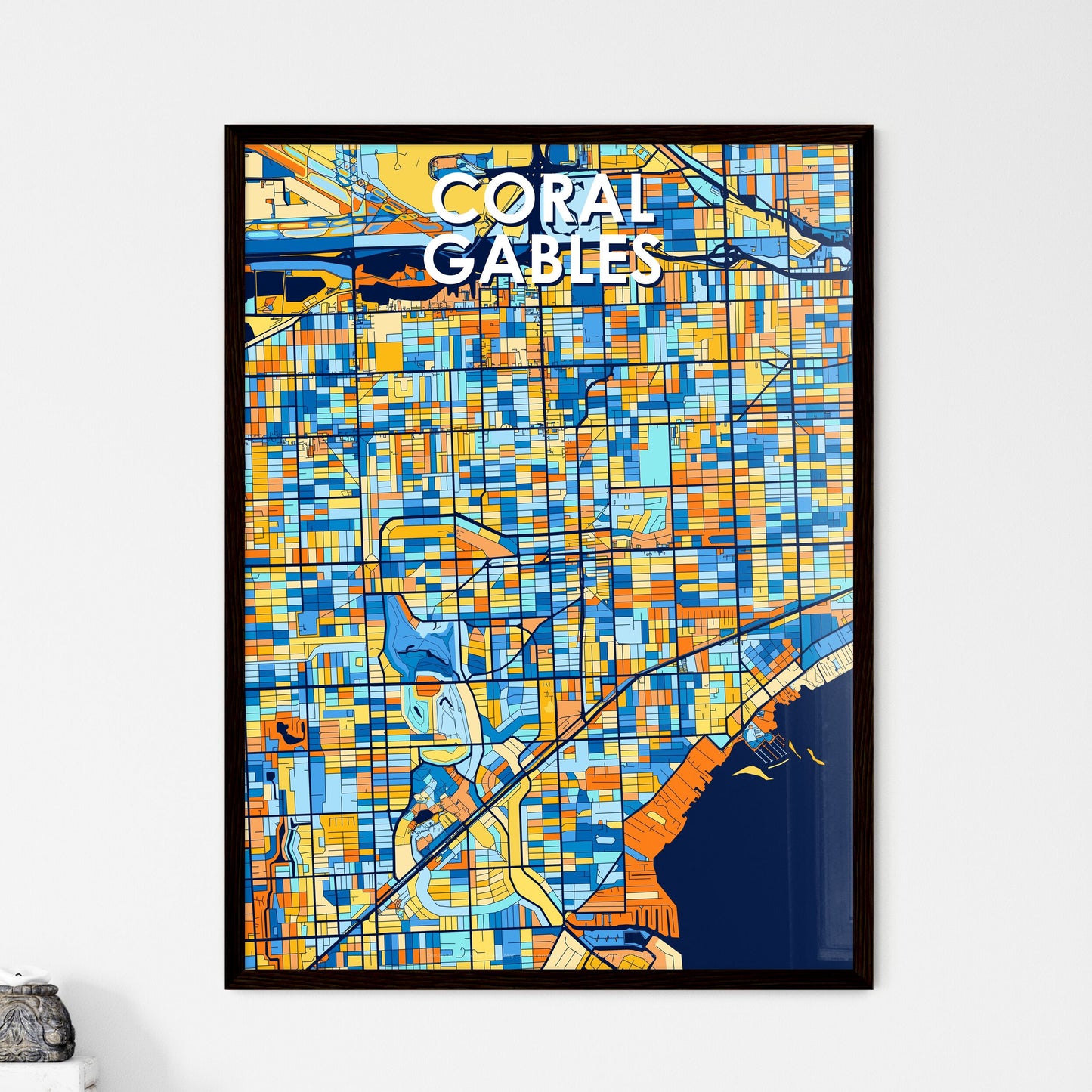 CORAL GABLES FLORIDA Vibrant Colorful Art Map Poster Blue Orange