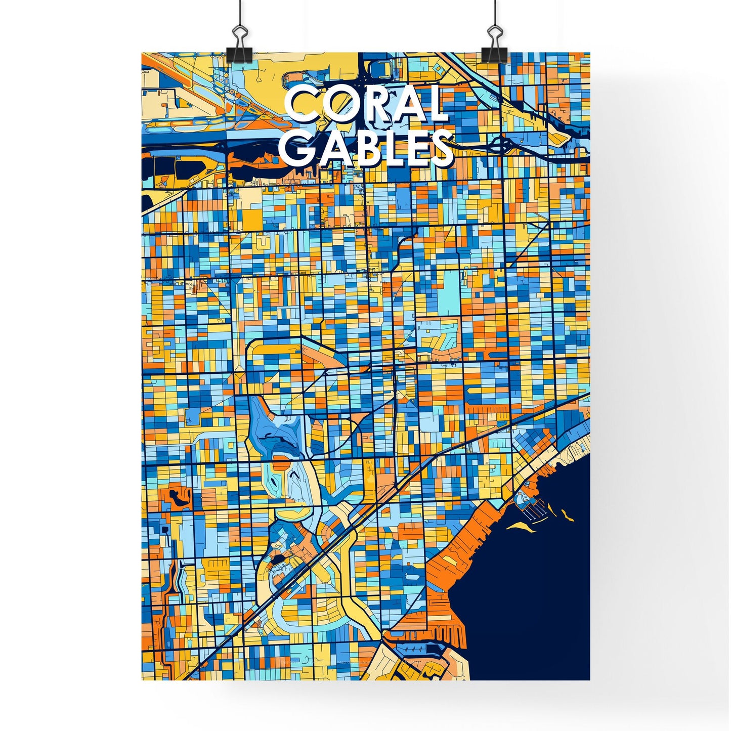 CORAL GABLES FLORIDA Vibrant Colorful Art Map Poster Blue Orange