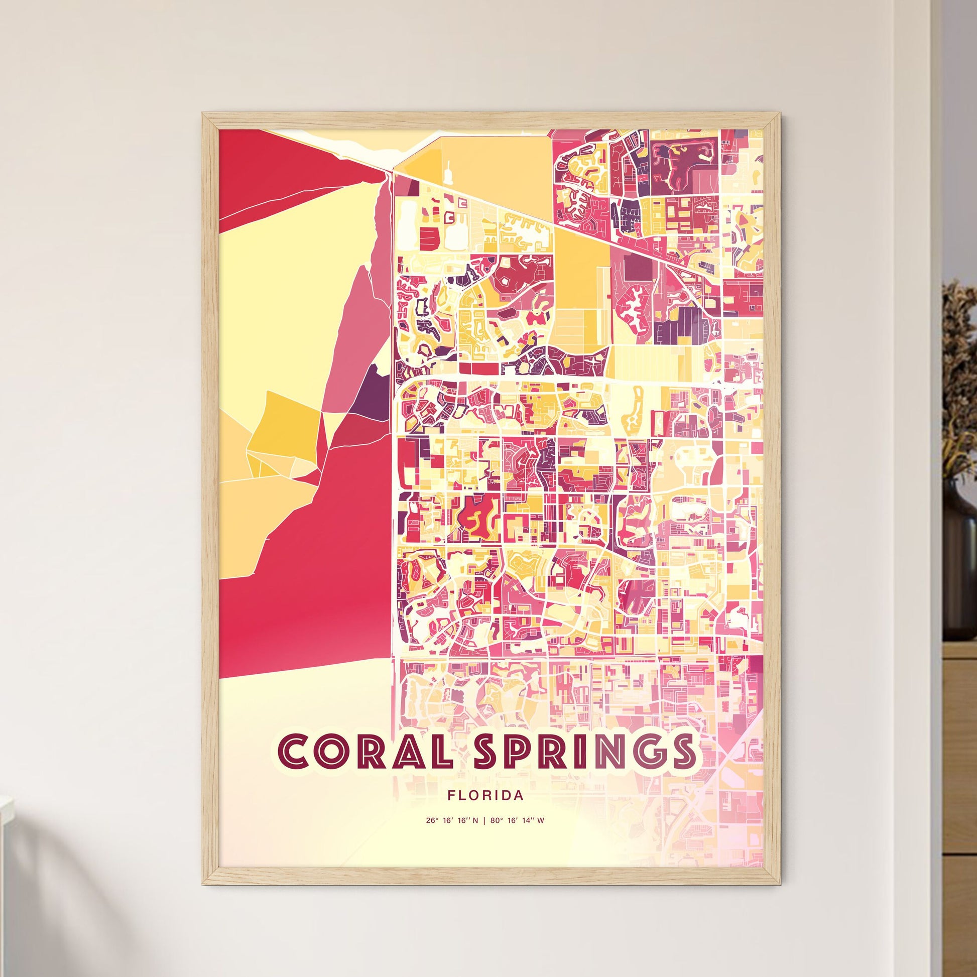 Colorful Coral Springs Florida Fine Art Map Hot Red