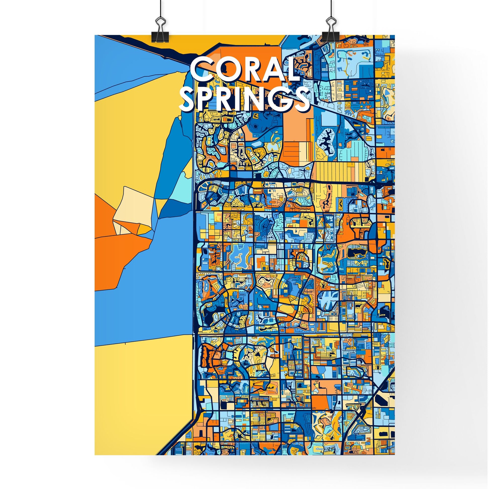 CORAL SPRINGS FLORIDA Vibrant Colorful Art Map Poster Blue Orange