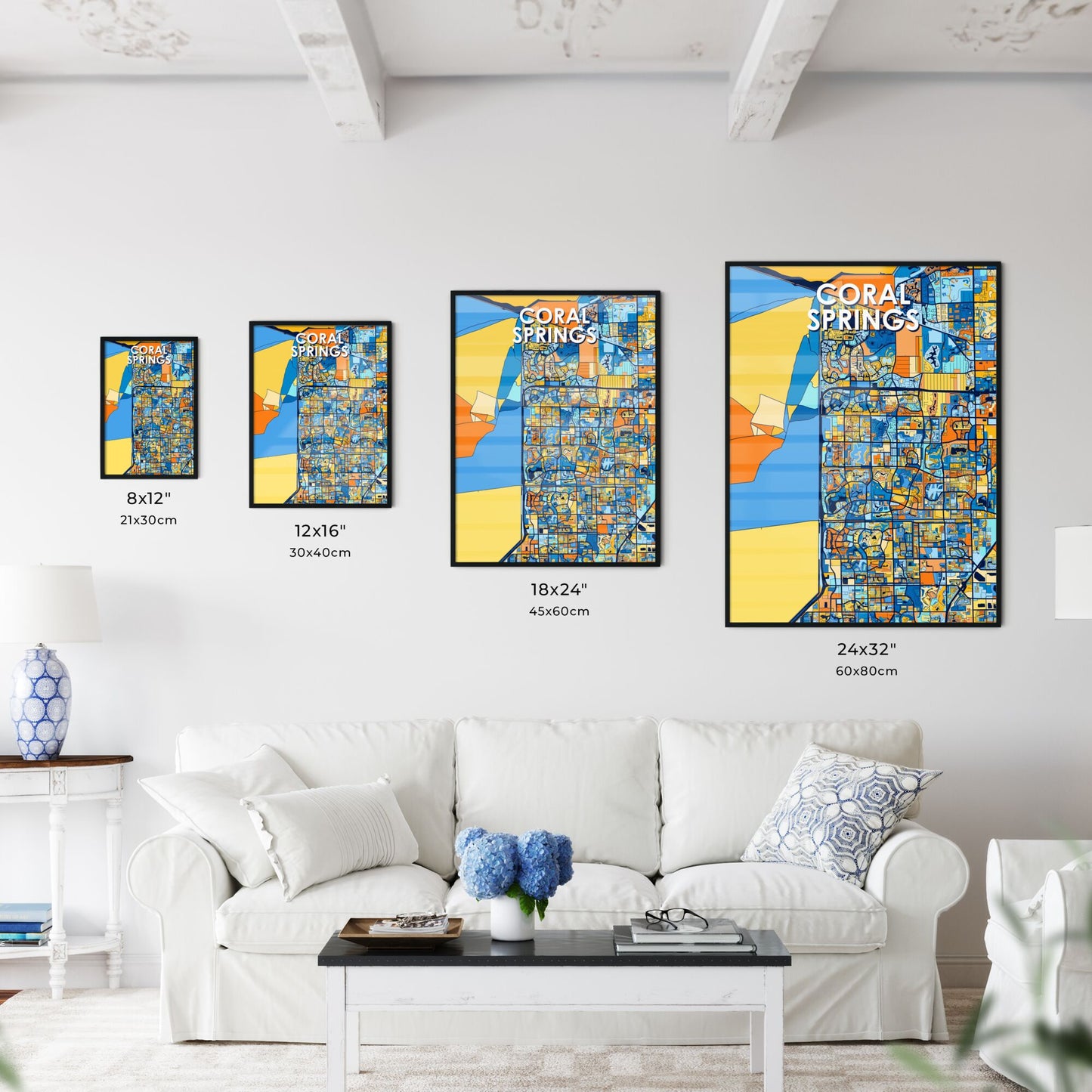 CORAL SPRINGS FLORIDA Vibrant Colorful Art Map Poster Blue Orange