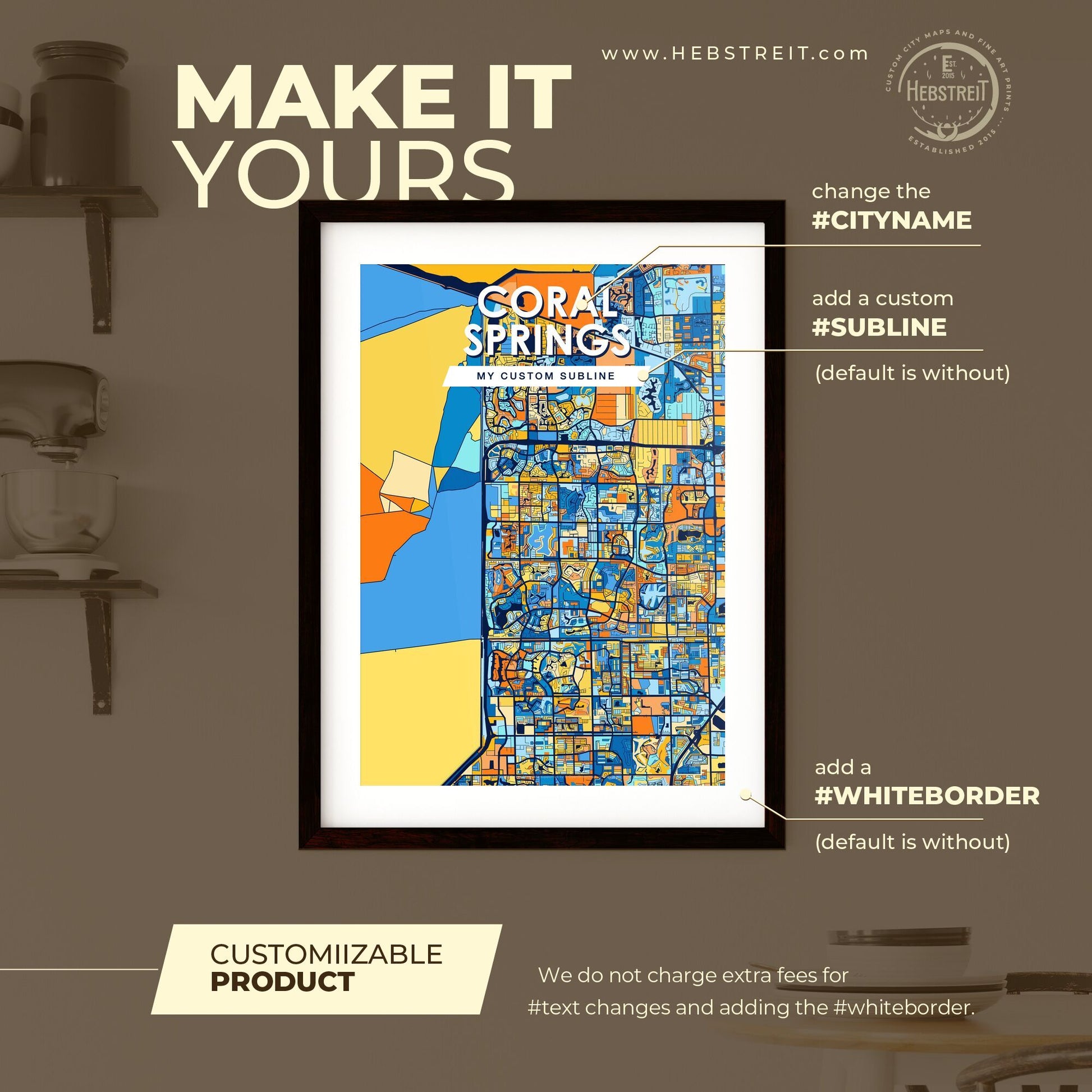 CORAL SPRINGS FLORIDA Vibrant Colorful Art Map Poster Blue Orange